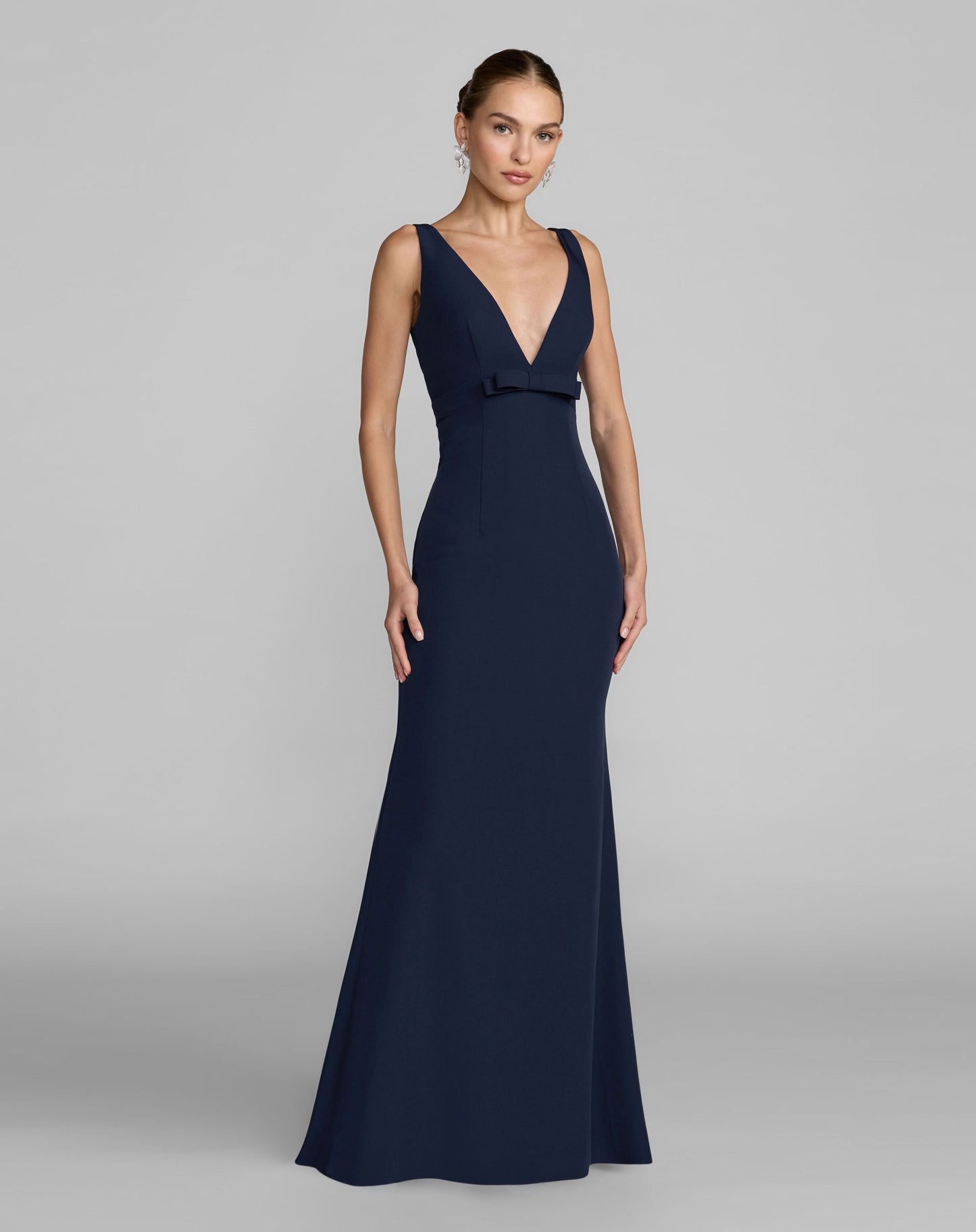 Navy Sleeveless V Neck Mermaid Gown With Bow - Ieena for Mac Duggal