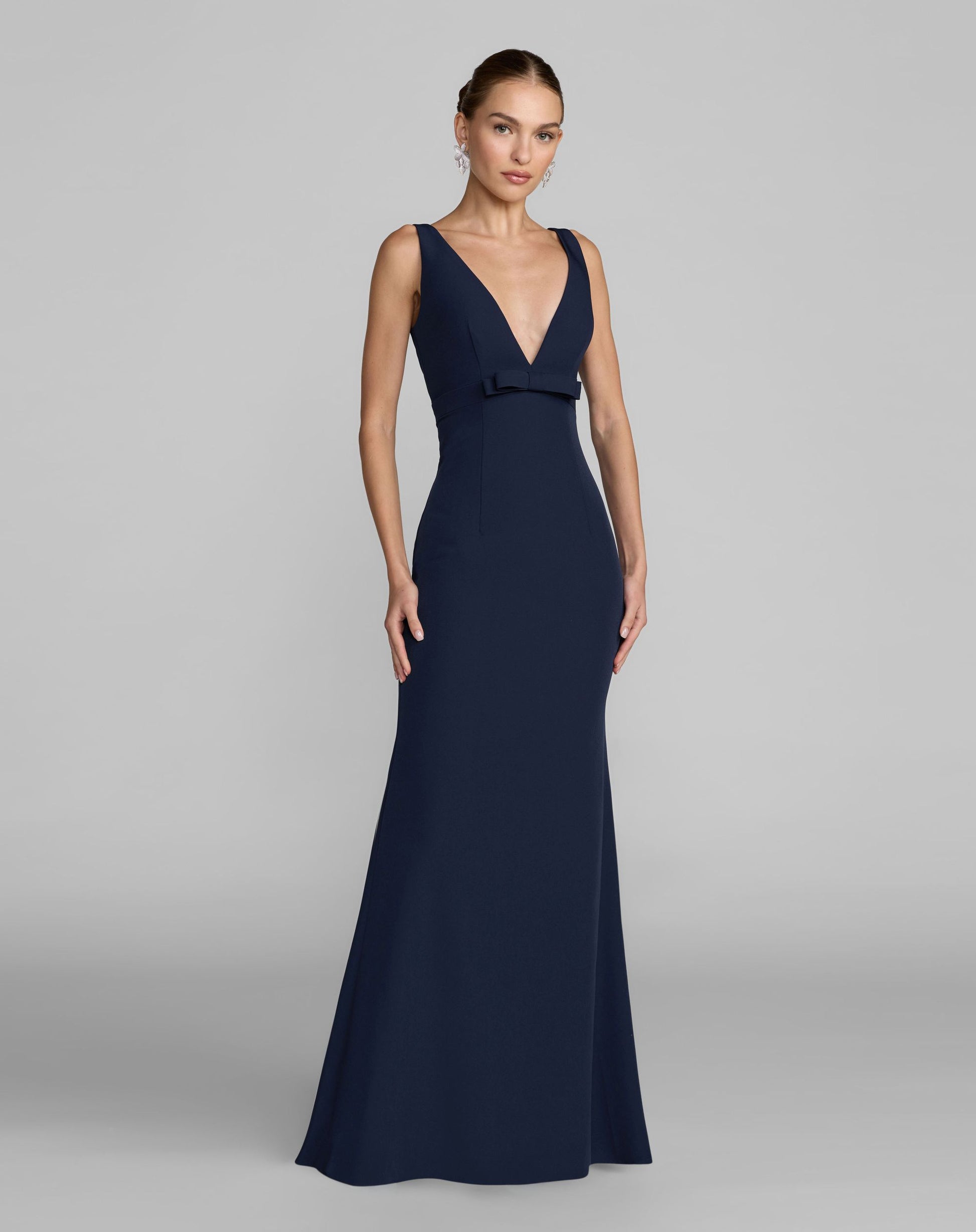 Navy Sleeveless V Neck Mermaid Gown With Bow - Ieena for Mac Duggal