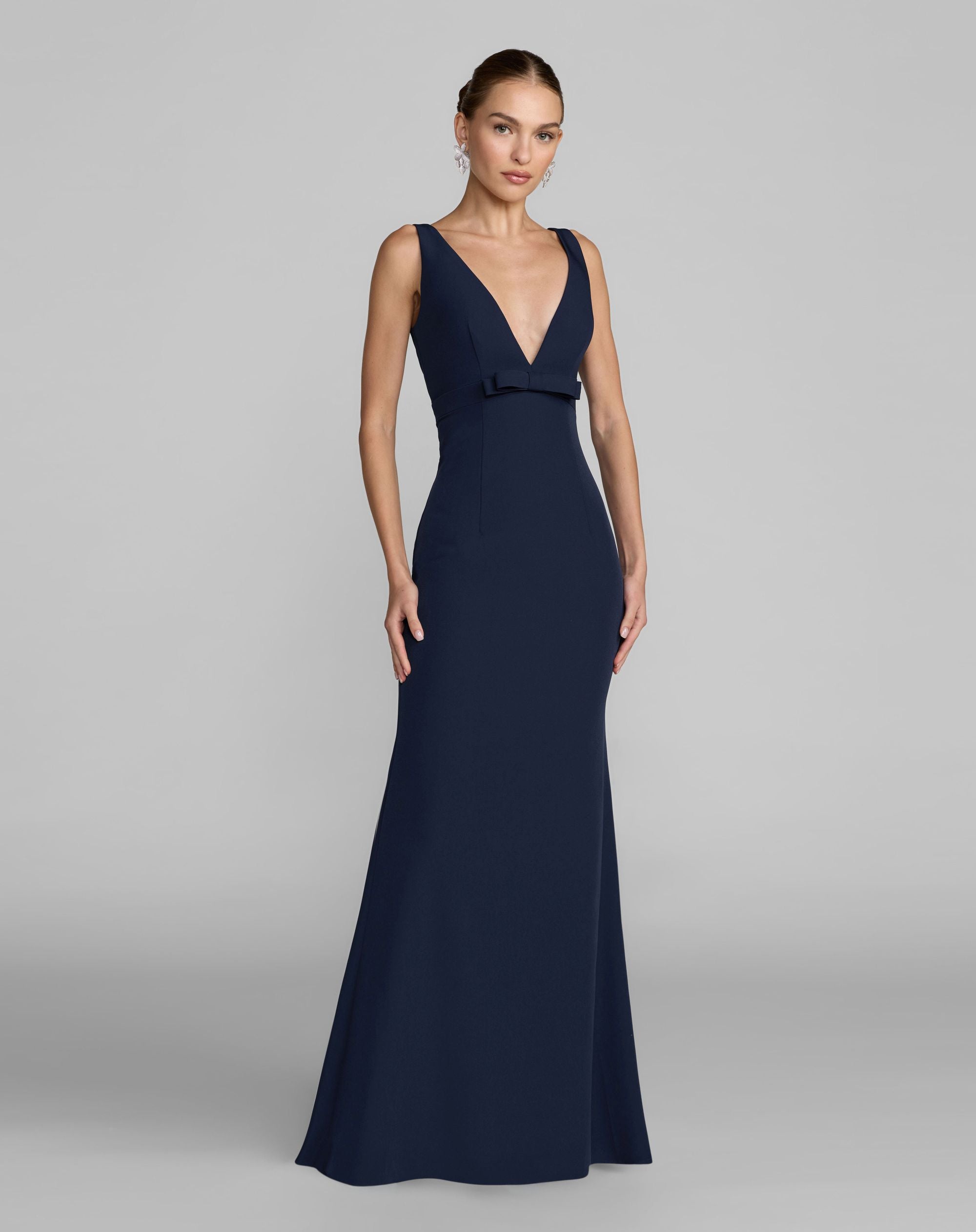 Navy Sleeveless V Neck Mermaid Gown With Bow - Ieena for Mac Duggal