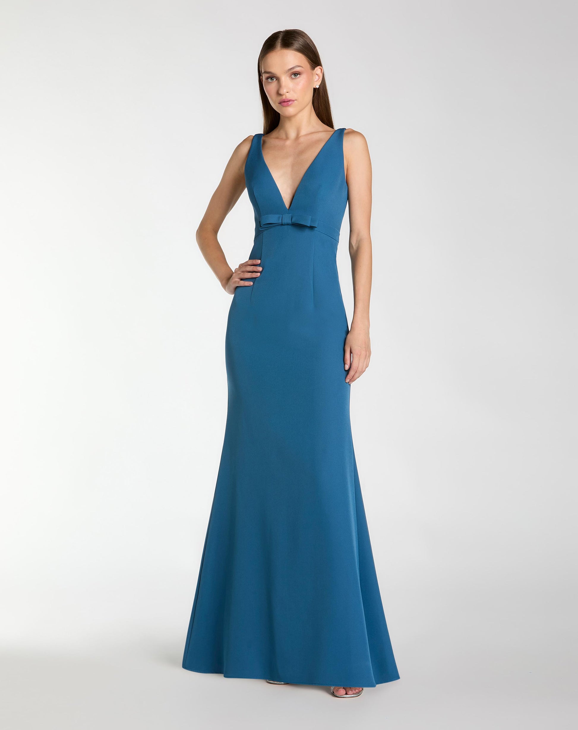 Blue Crepe Sleeveless V Neck Mermaid Gown With Bow Ieena for Mac Duggal