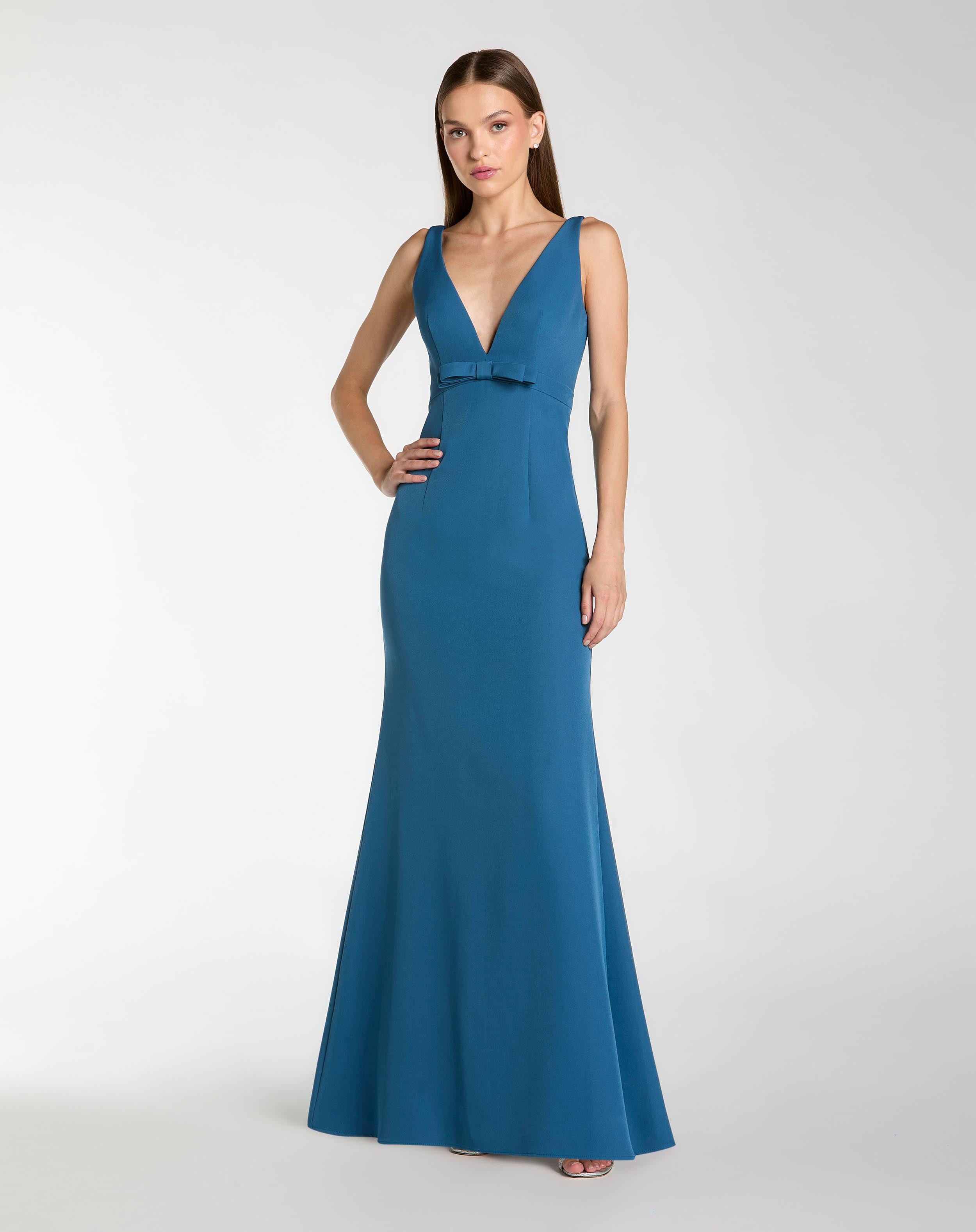 Blue Crepe Sleeveless V Neck Mermaid Gown With Bow Ieena for Mac Duggal