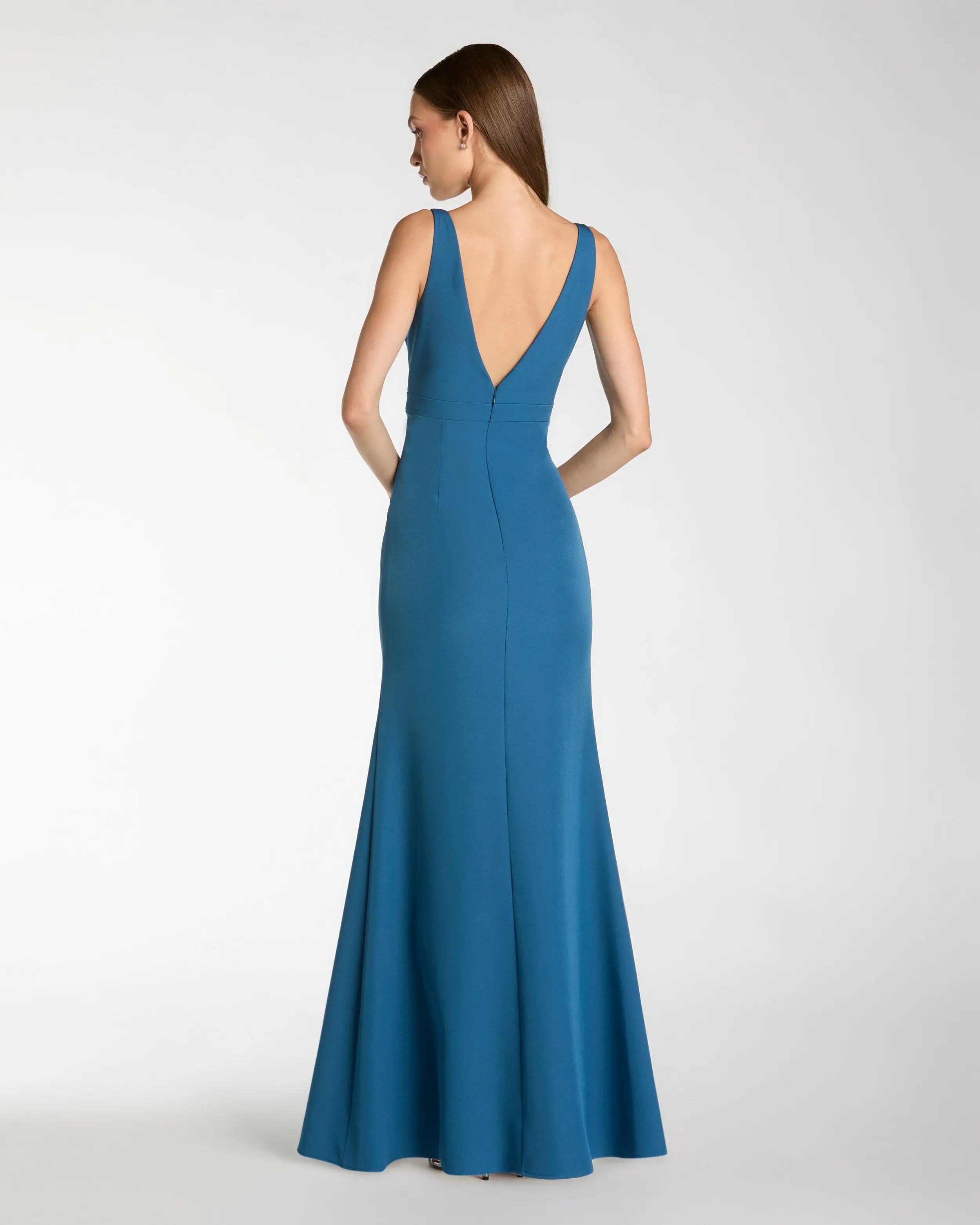 Blue Crepe Sleeveless V Neck Mermaid Gown With Bow Ieena for Mac Duggal