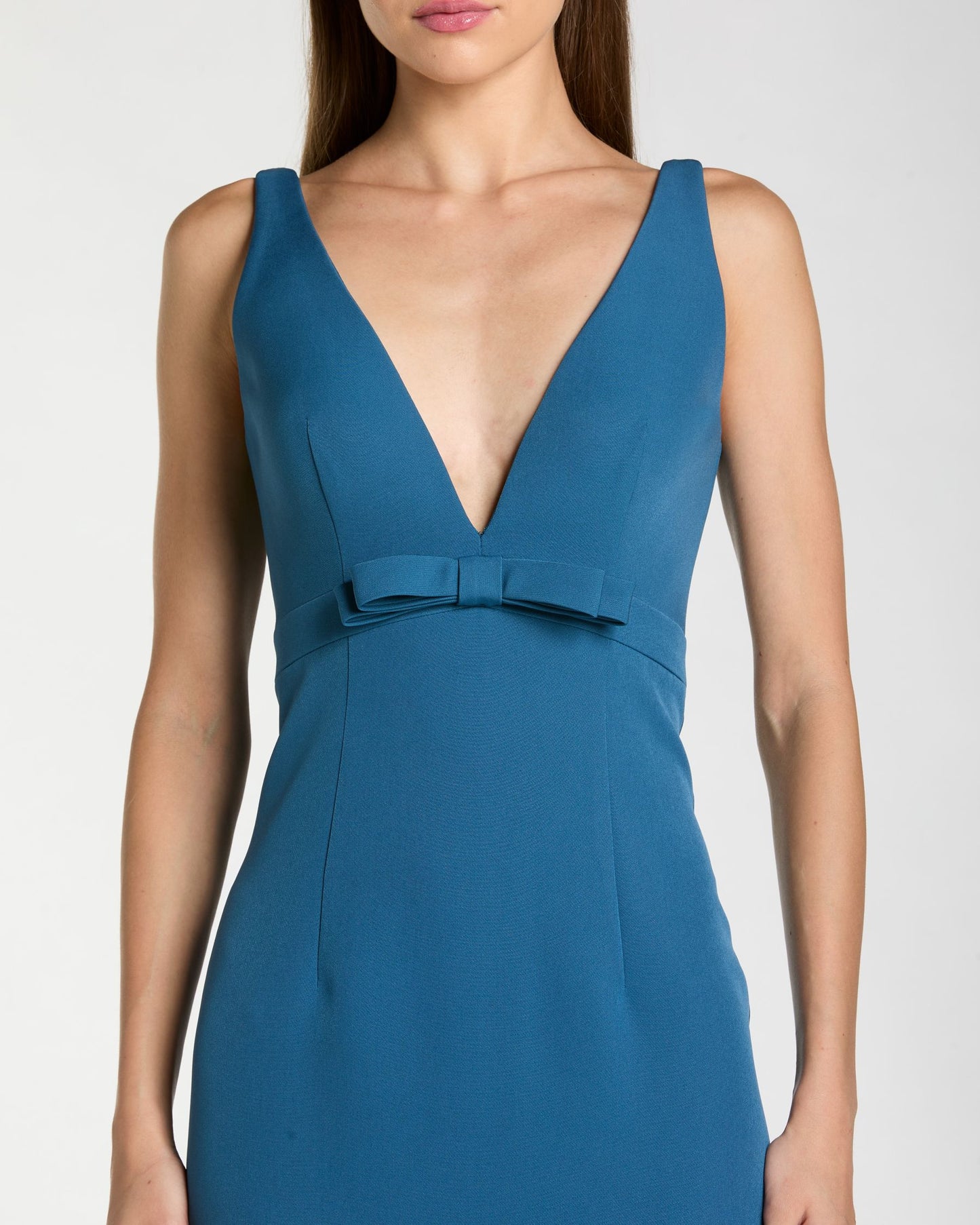 Blue Crepe Sleeveless V Neck Mermaid Gown With Bow Ieena for Mac Duggal