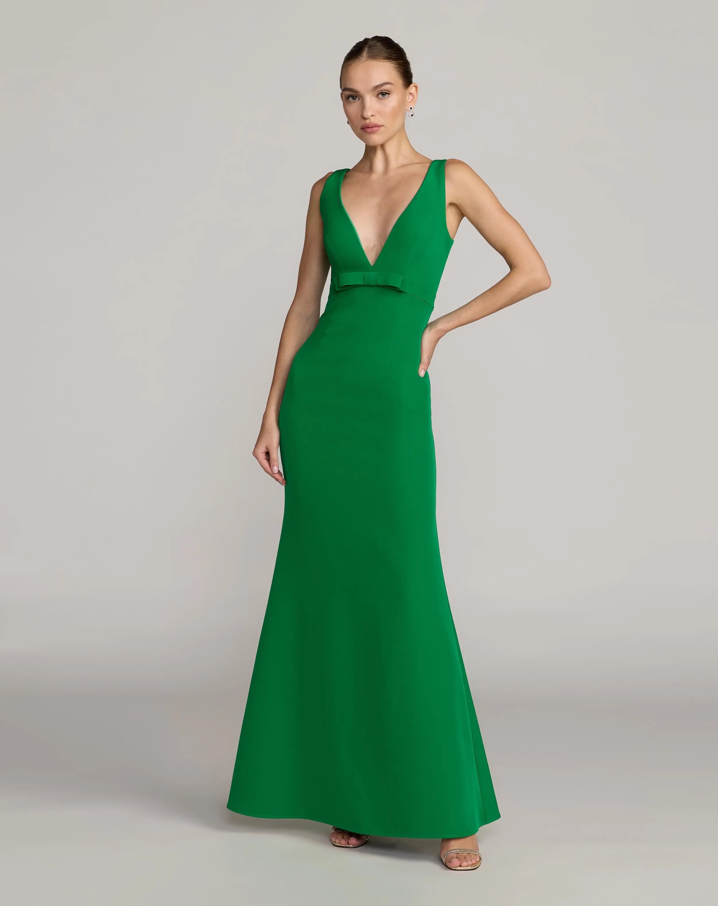 Green Sleeveless V Neck Mermaid Gown With Bow - Ieena for Mac Duggal