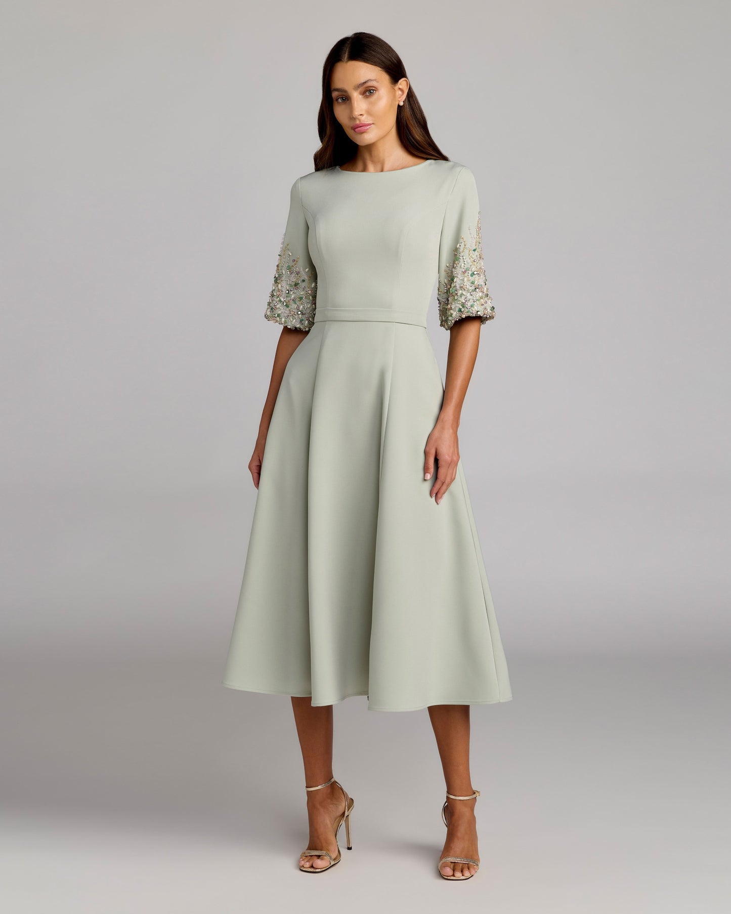 Green Crepe A Line Midi Dress With Beaded Sleeves Mac Duggal
