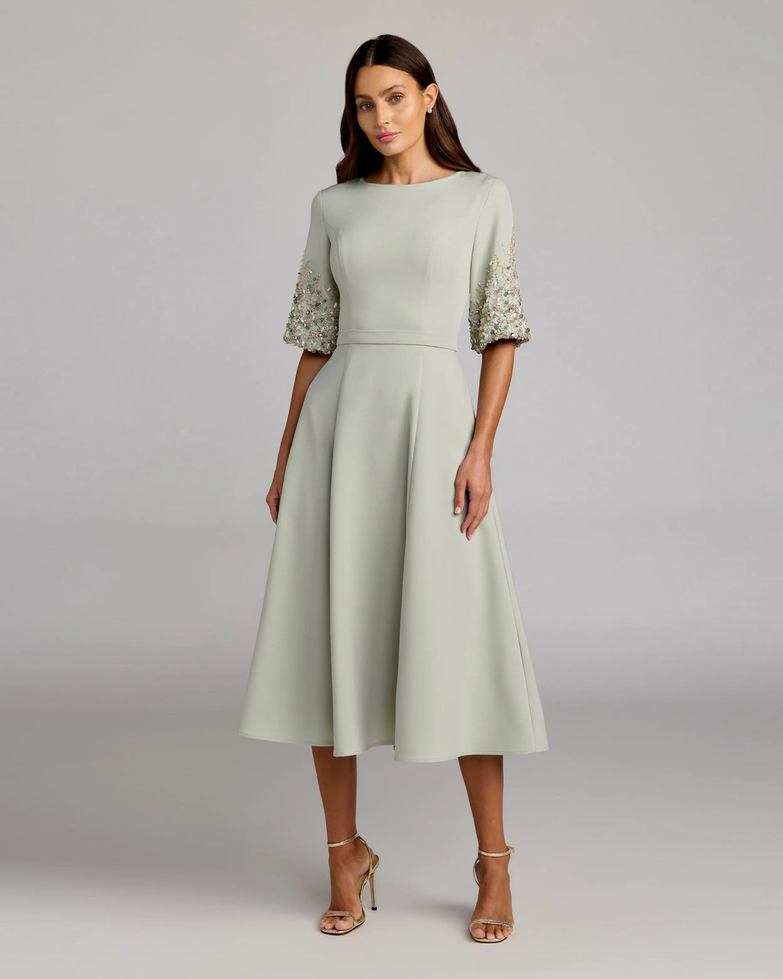 Green Crepe A Line Midi Dress With Beaded Sleeves | Mac Duggal Green Crepe A Line Midi Dress With Beaded Sleeves | Mac Duggal