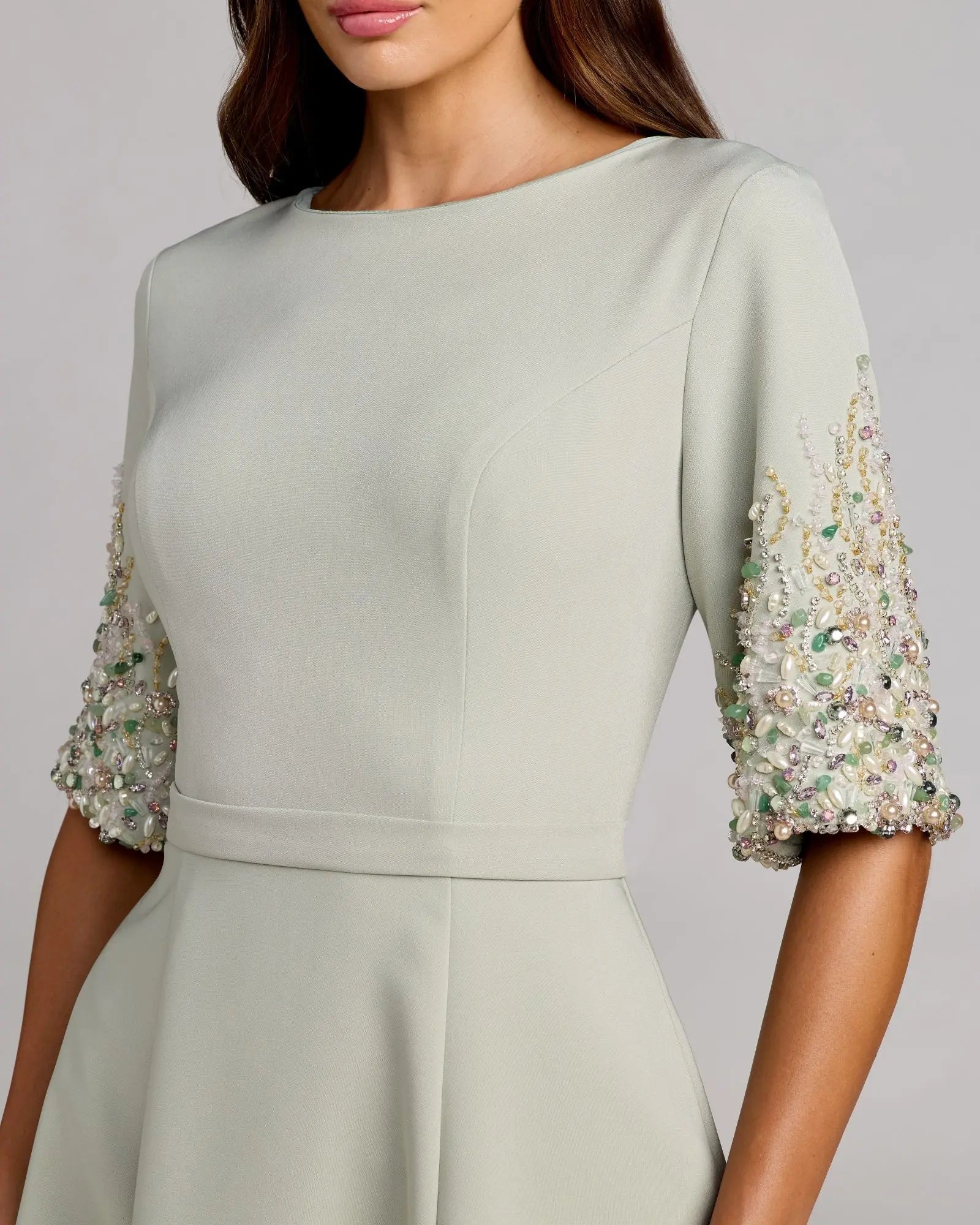 light green beaded dress Green Crepe A Line Midi Dress With Beaded Sleeves