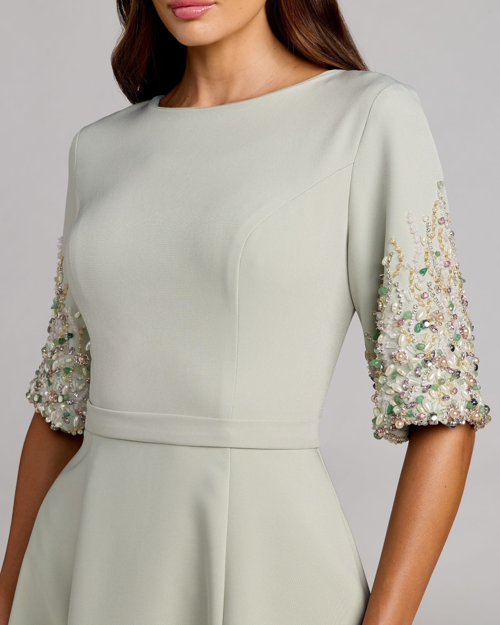 Green Crepe A Line Midi Dress With Beaded Sleeves Mac Duggal