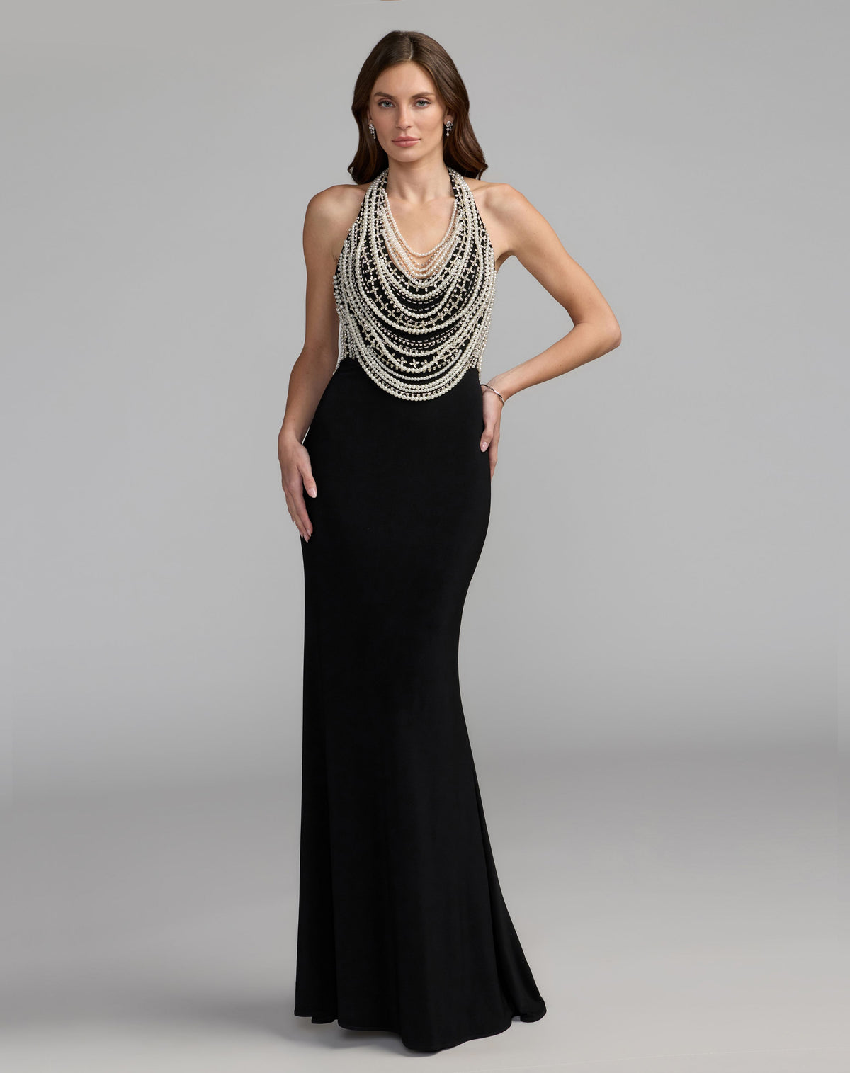 Black Beaded Halter Neck Jersey Gown - Ieena for Mac Duggal