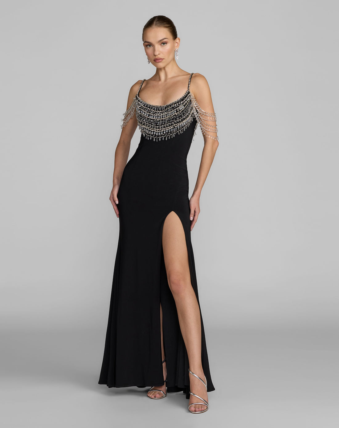 Black Beaded Jersey Scoop Back Gown with Slit - Mac Duggal