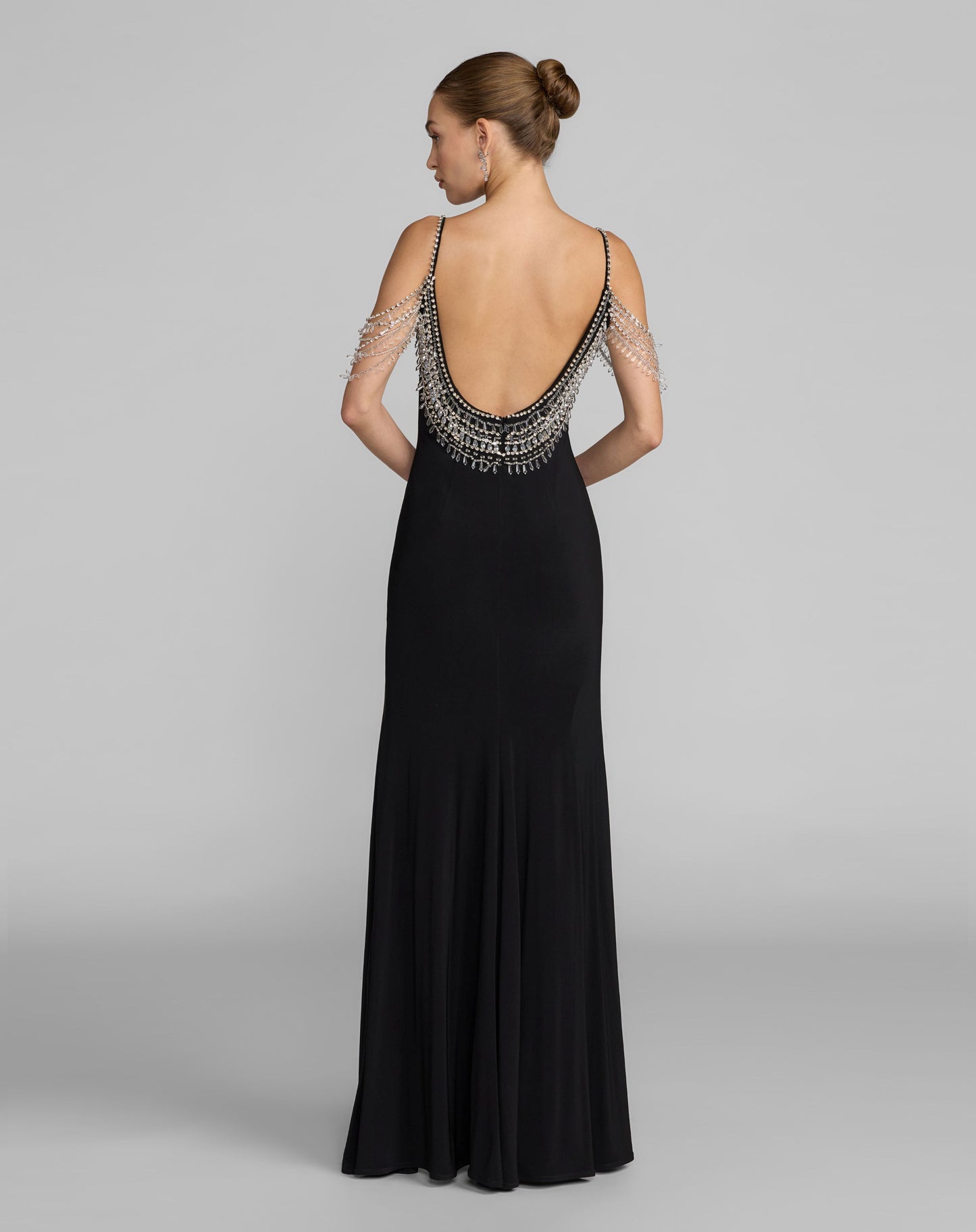 Black Beaded Jersey Scoop Back Gown with Slit - Mac Duggal