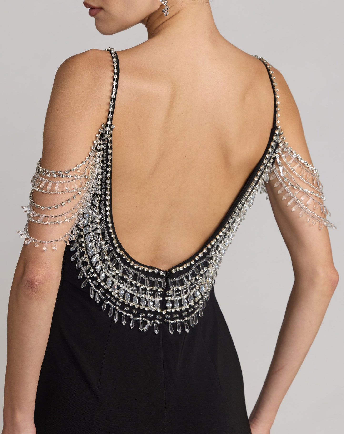 Black Beaded Jersey Scoop Back Gown with Slit - Mac Duggal