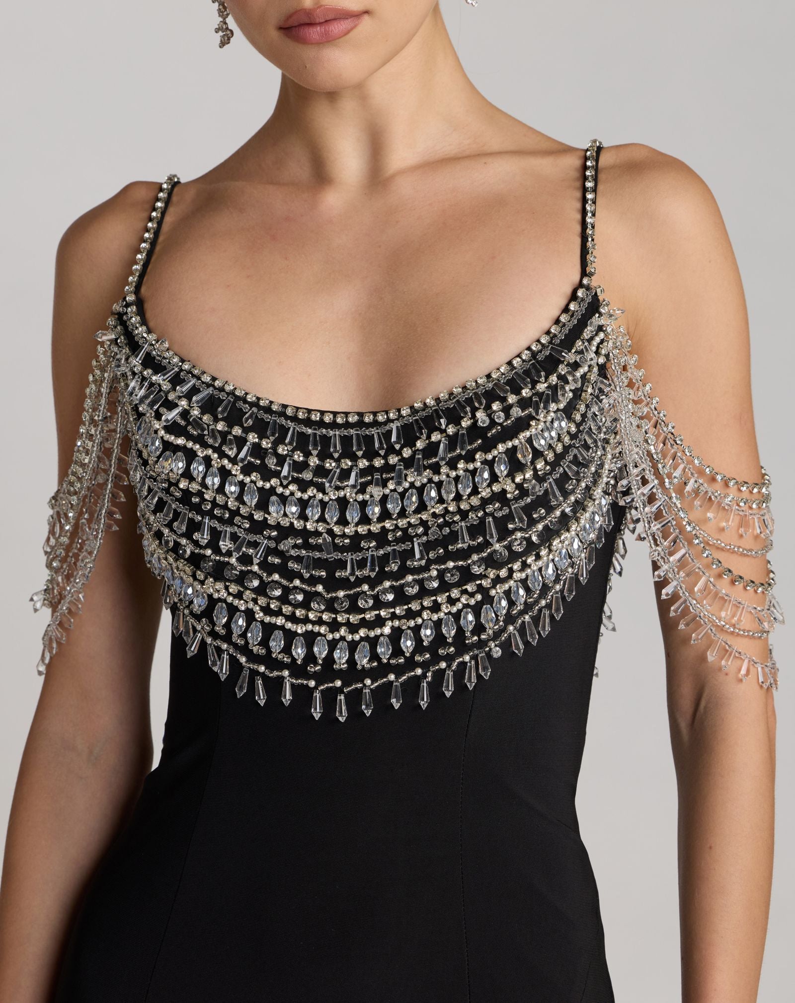 Black Beaded Jersey Scoop Back Gown with Slit - Mac Duggal