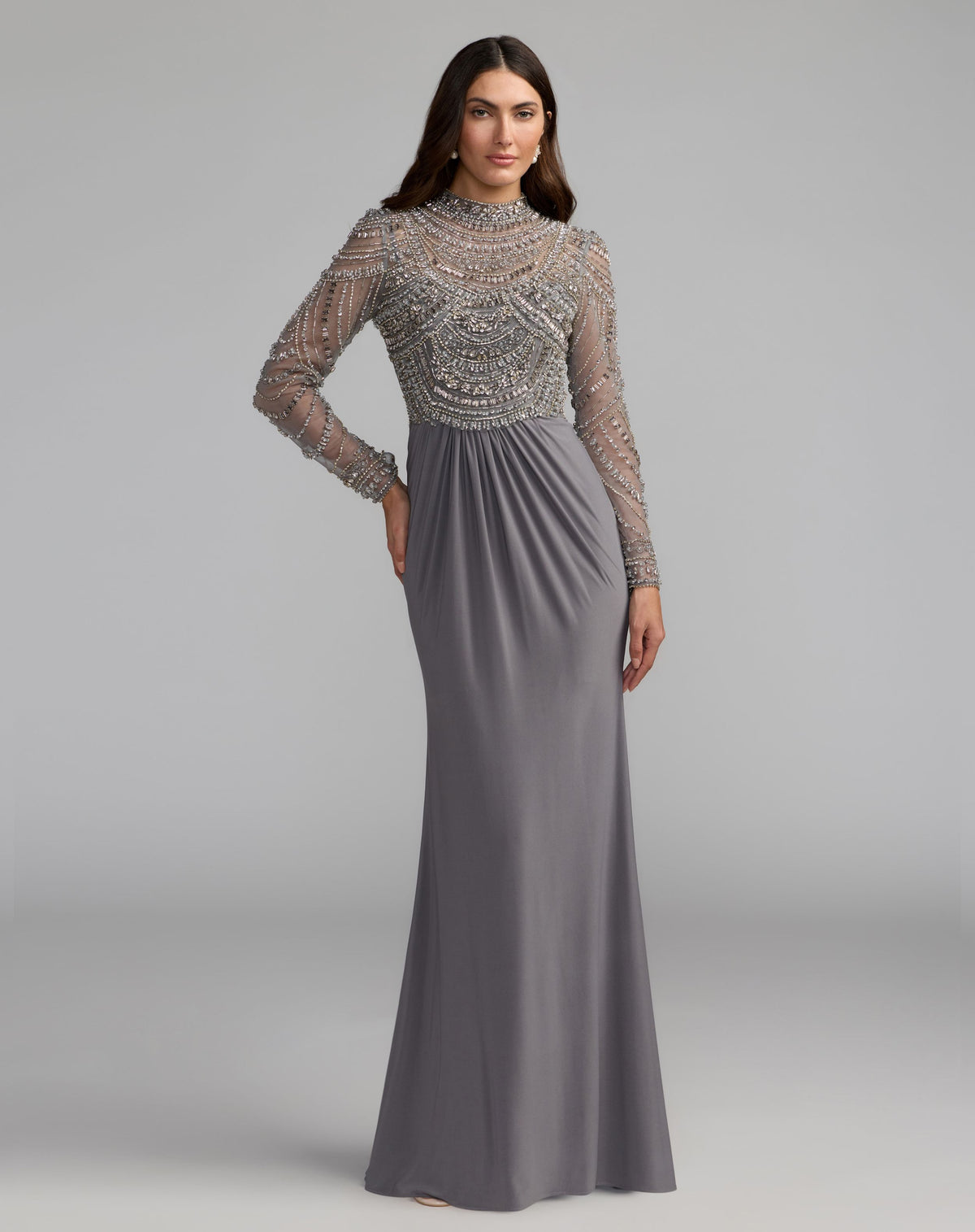 Gray Beaded Jersey Mock Neck Long Sleeve Gown - Mac Duggal