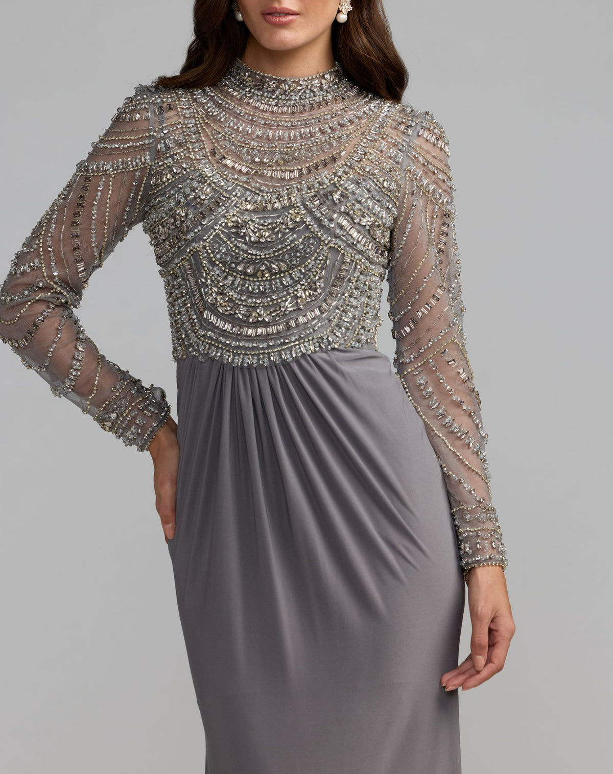 Gray Beaded Jersey Mock Neck Long Sleeve Gown - Mac Duggal