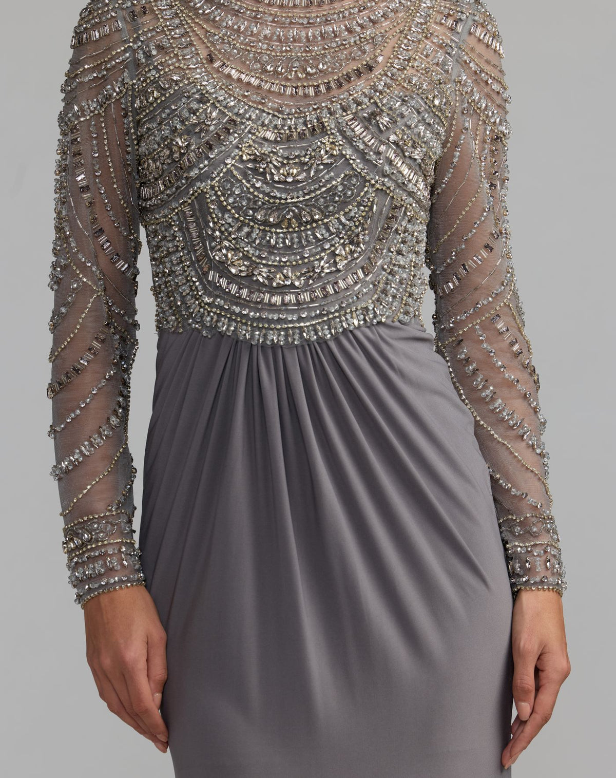 Gray Beaded Jersey Mock Neck Long Sleeve Gown - Mac Duggal