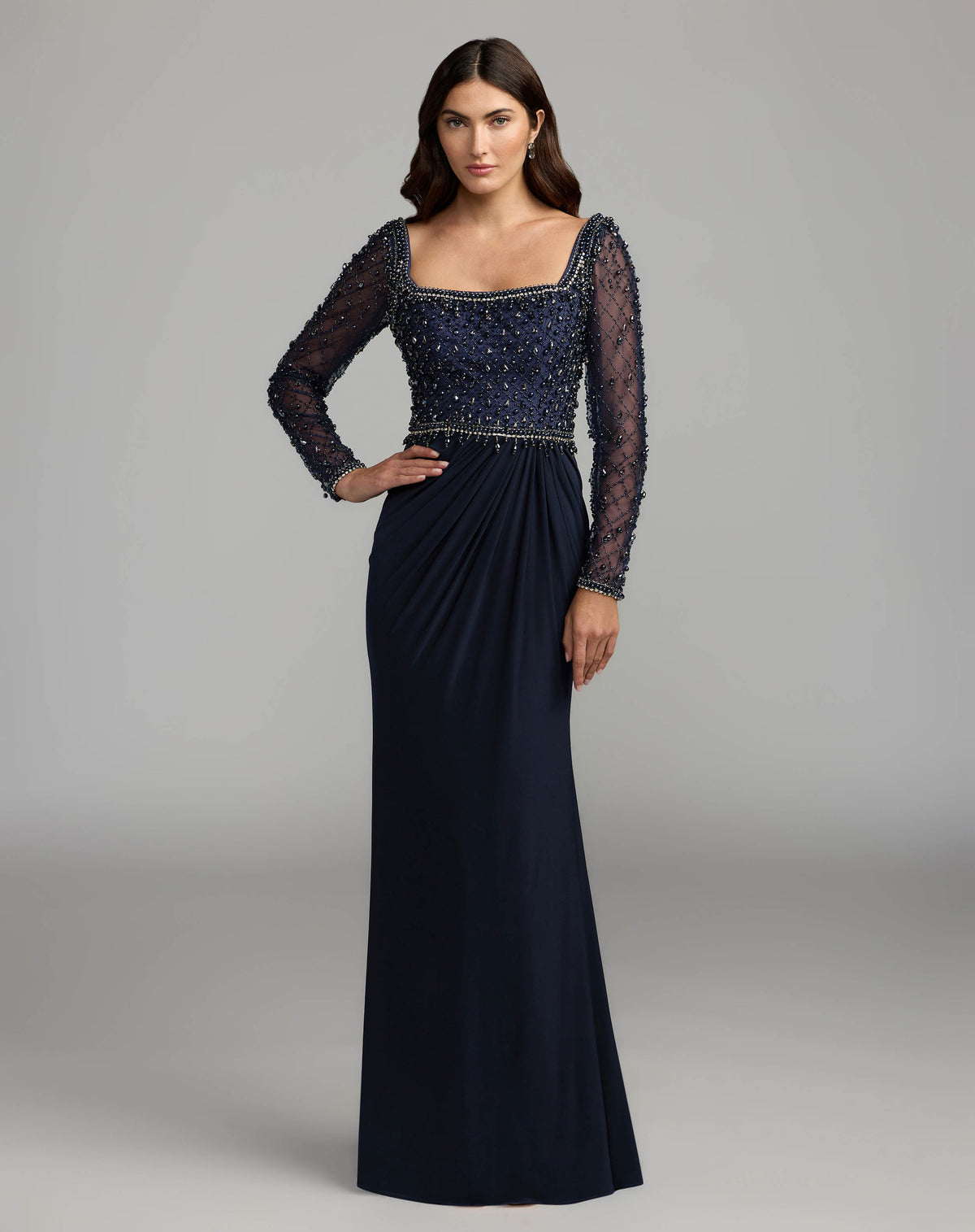 Navy Embellished Illusion Long Sleeve Column Gown Mac Duggal