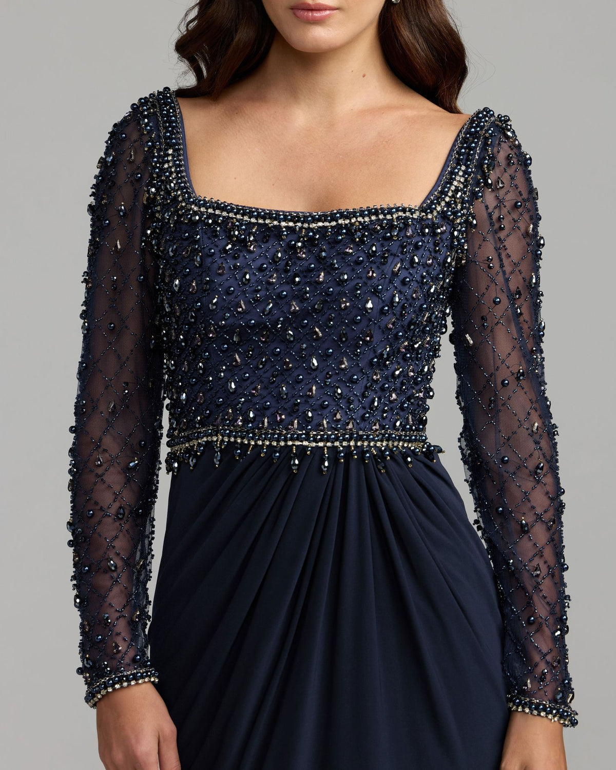 Navy Embellished Illusion Long Sleeve Column Gown Mac Duggal