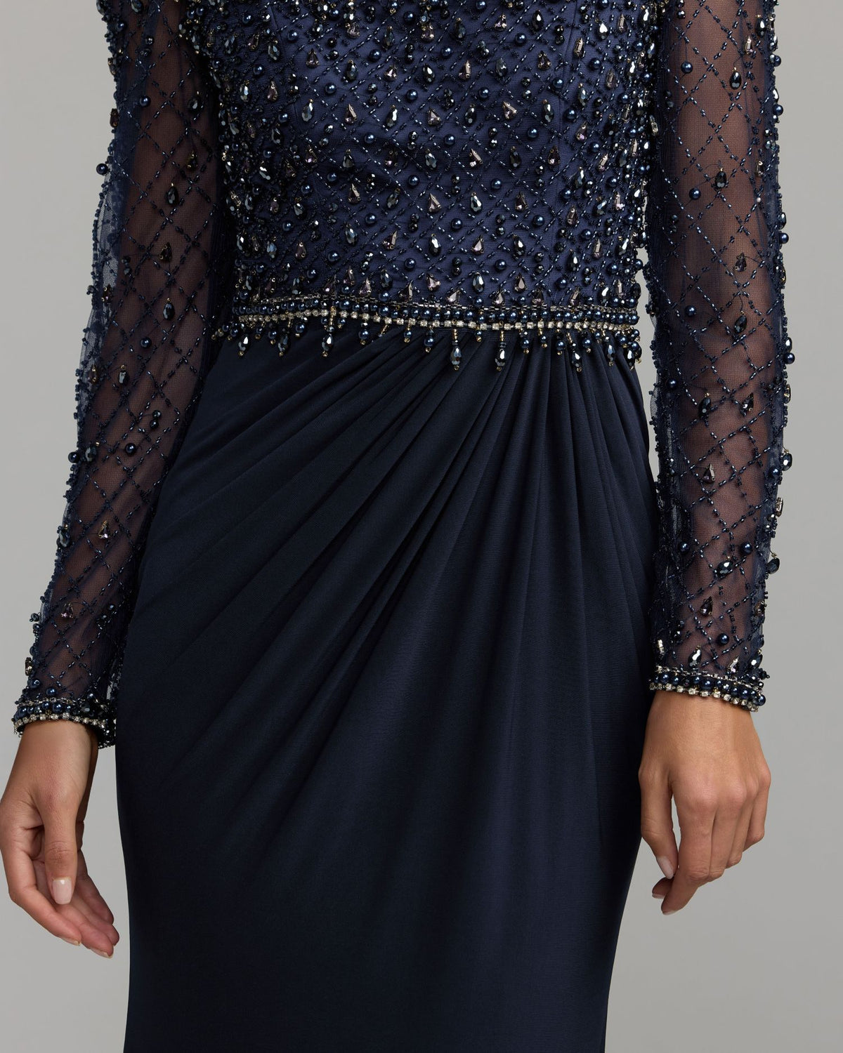 Navy Embellished Illusion Long Sleeve Column Gown Mac Duggal