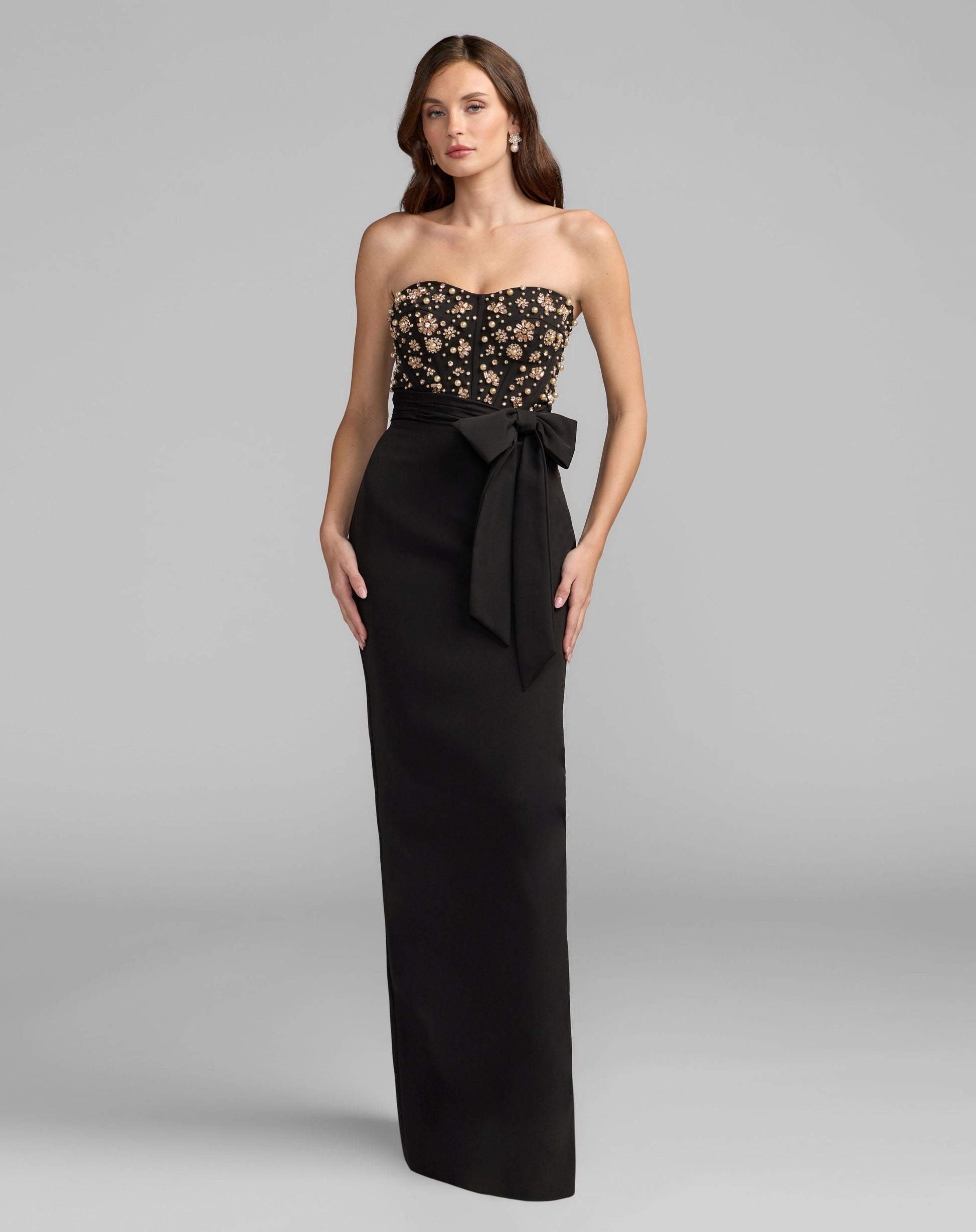 Black Strapless Embellished Bustier Gown with Bow - Ieena for Mac Duggal