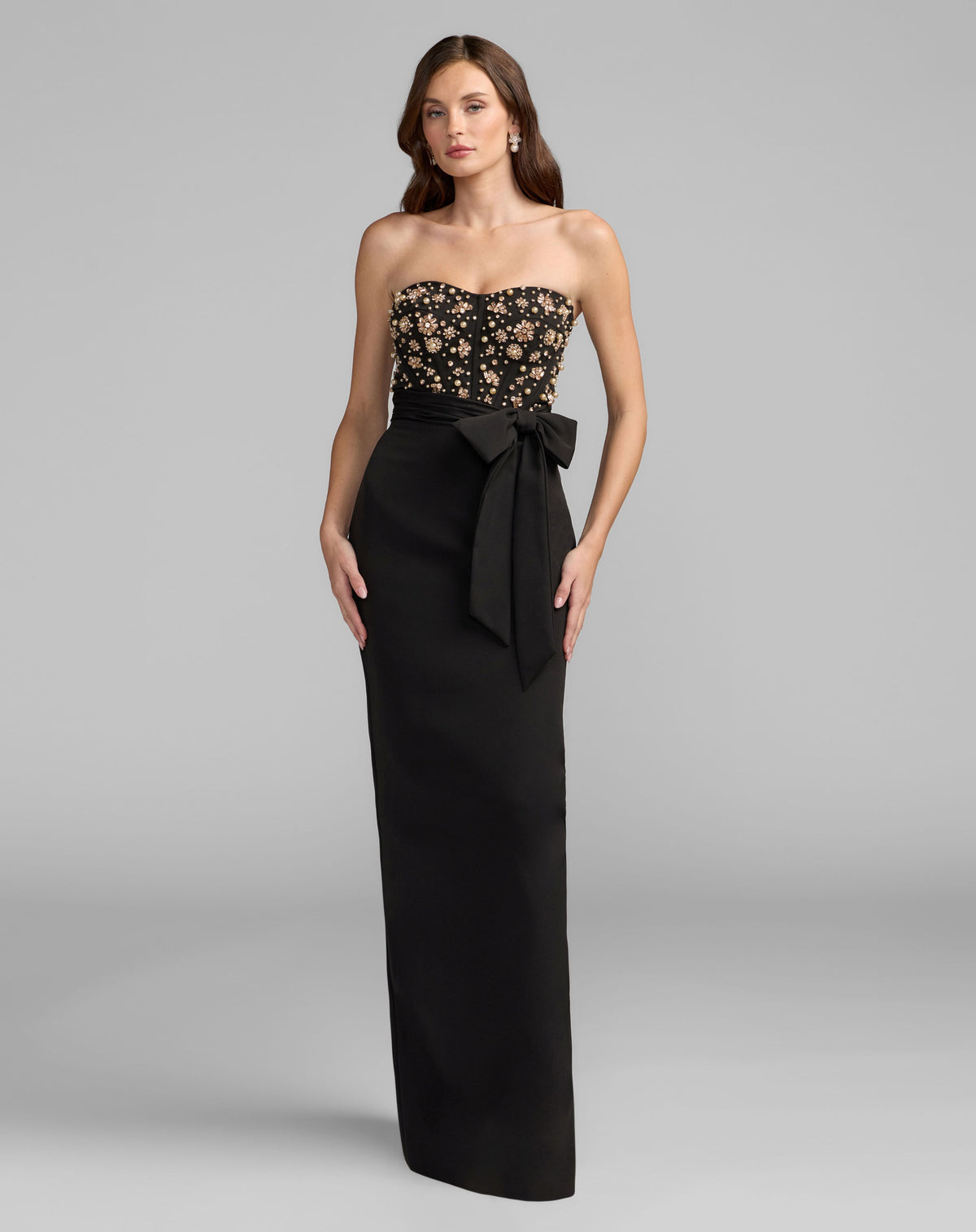 Black Strapless Embellished Bustier Gown with Bow - Ieena for Mac Duggal