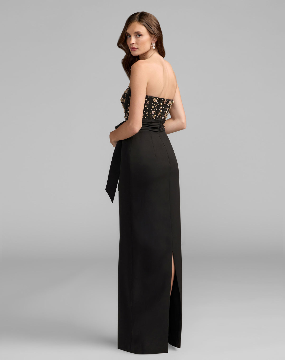 Black Strapless Embellished Bustier Gown with Bow - Ieena for Mac Duggal
