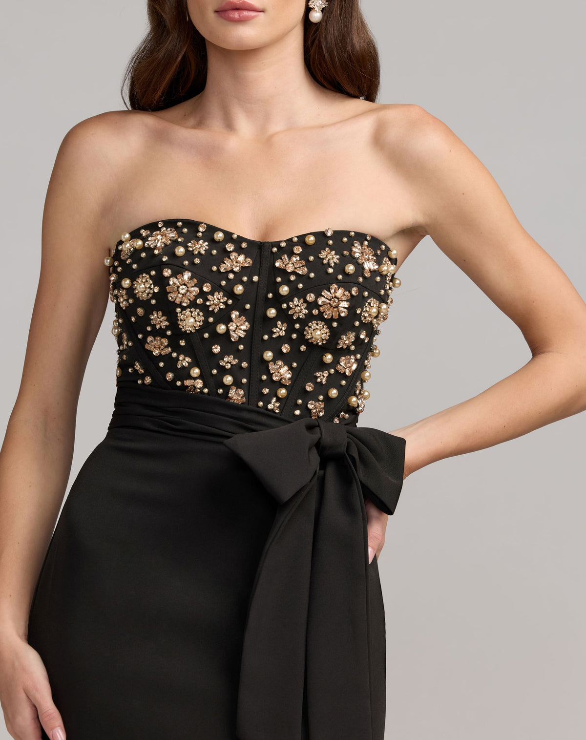 Black Strapless Embellished Bustier Gown with Bow - Ieena for Mac Duggal