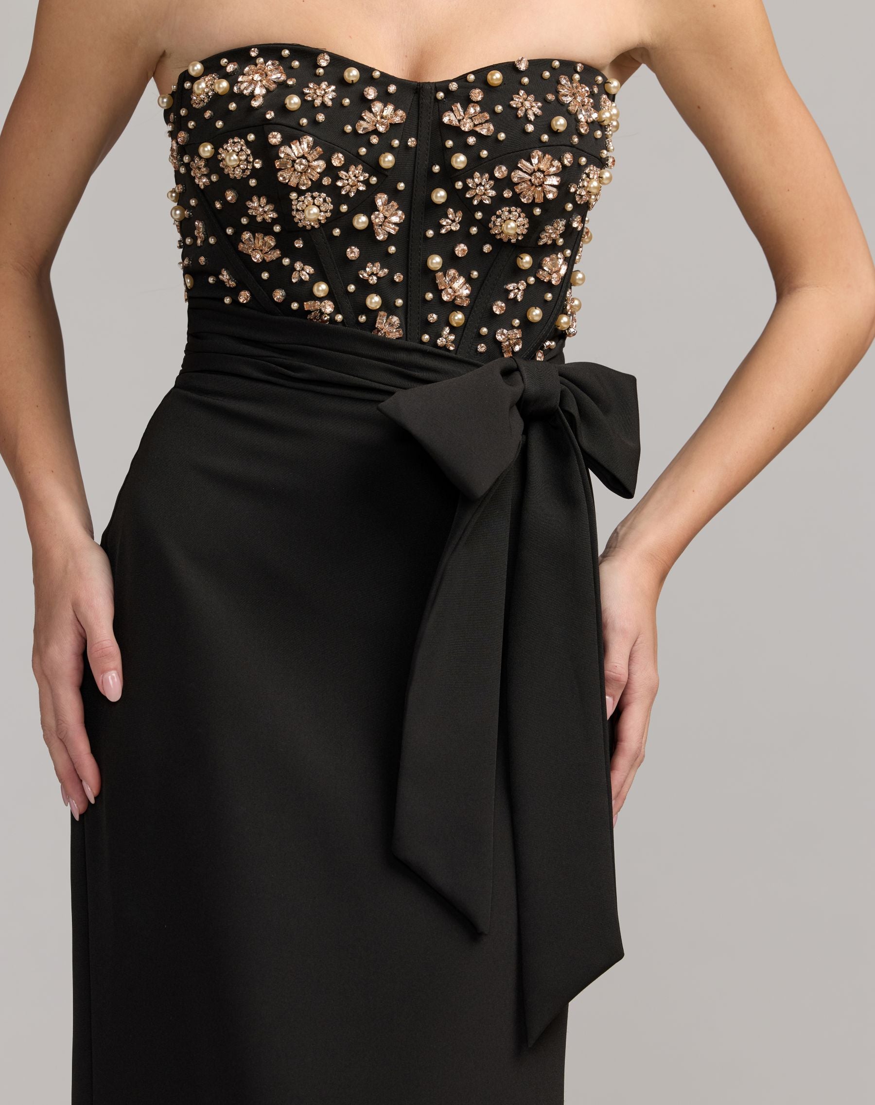 Black Strapless Embellished Bustier Gown with Bow - Ieena for Mac Duggal