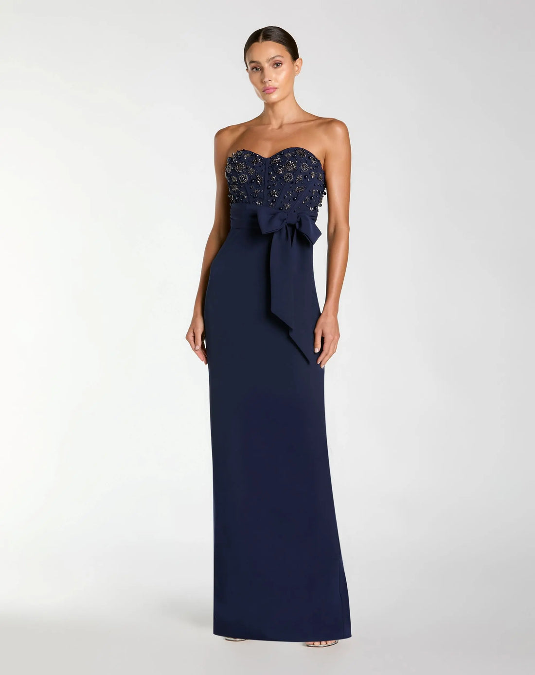 Navy Strapless Embellished Bustier Gown with Bow - Ieena for Mac Duggal