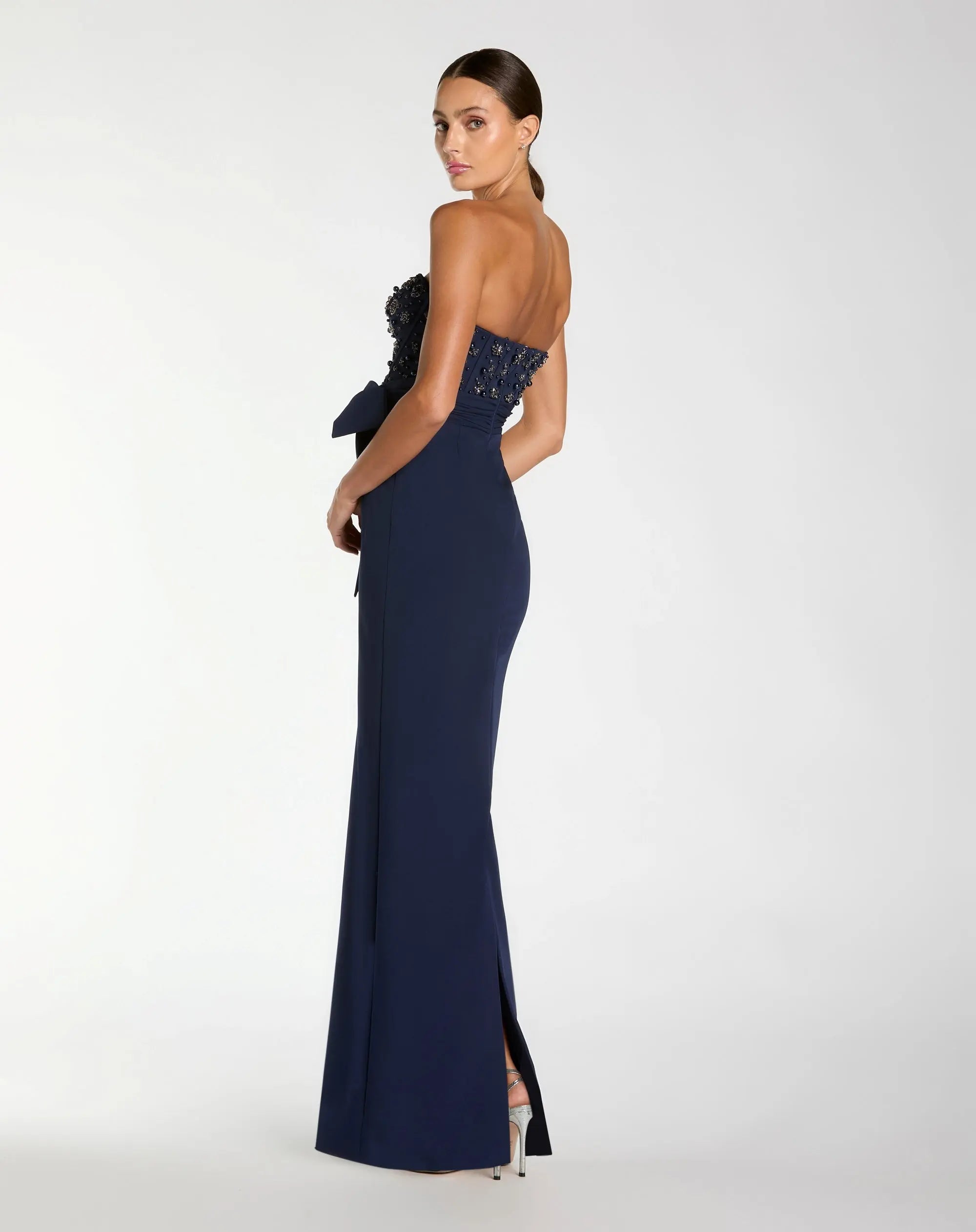 Navy Strapless Embellished Bustier Gown with Bow