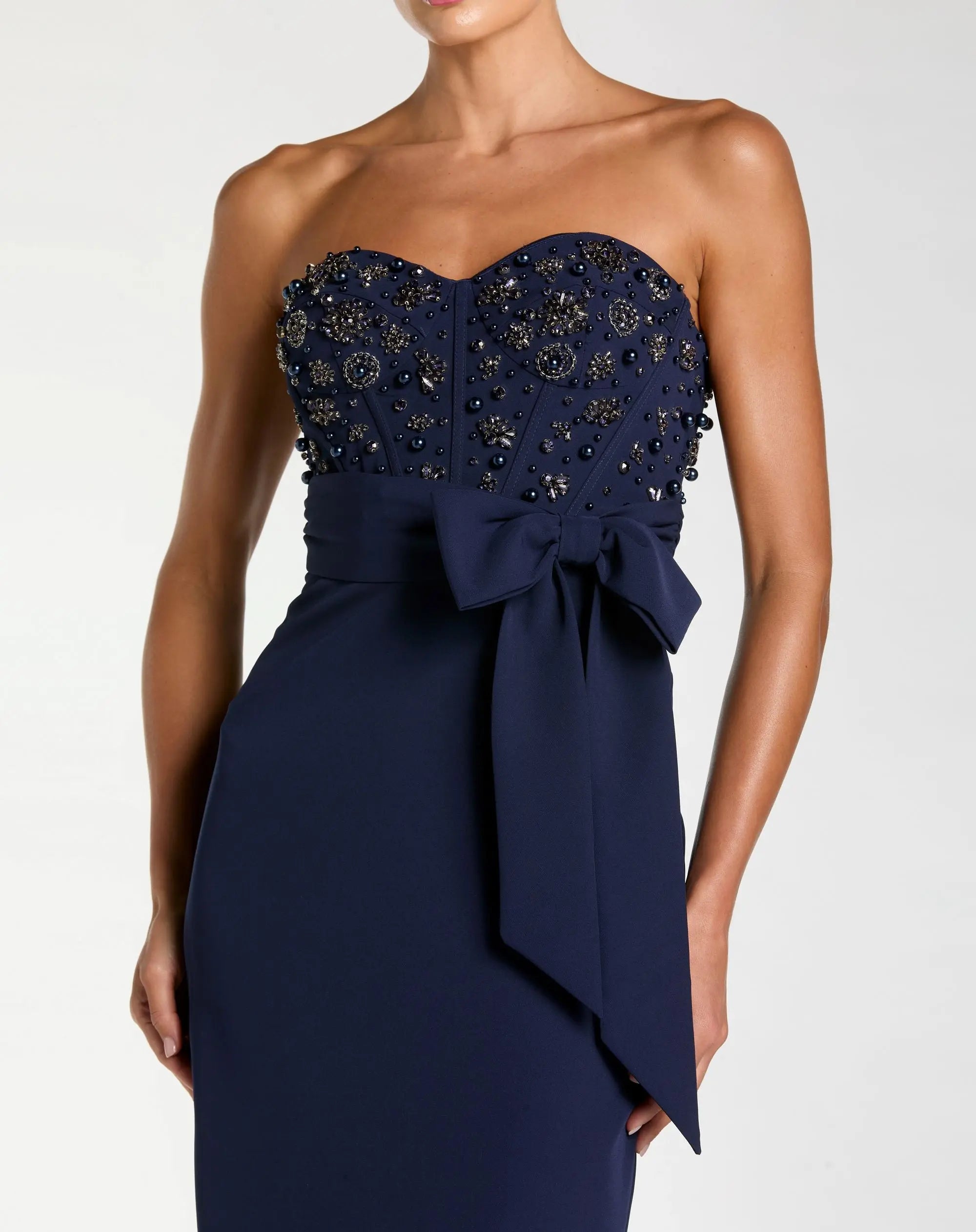 Navy Strapless Embellished Bustier Gown with Bow - Ieena for Mac Duggal