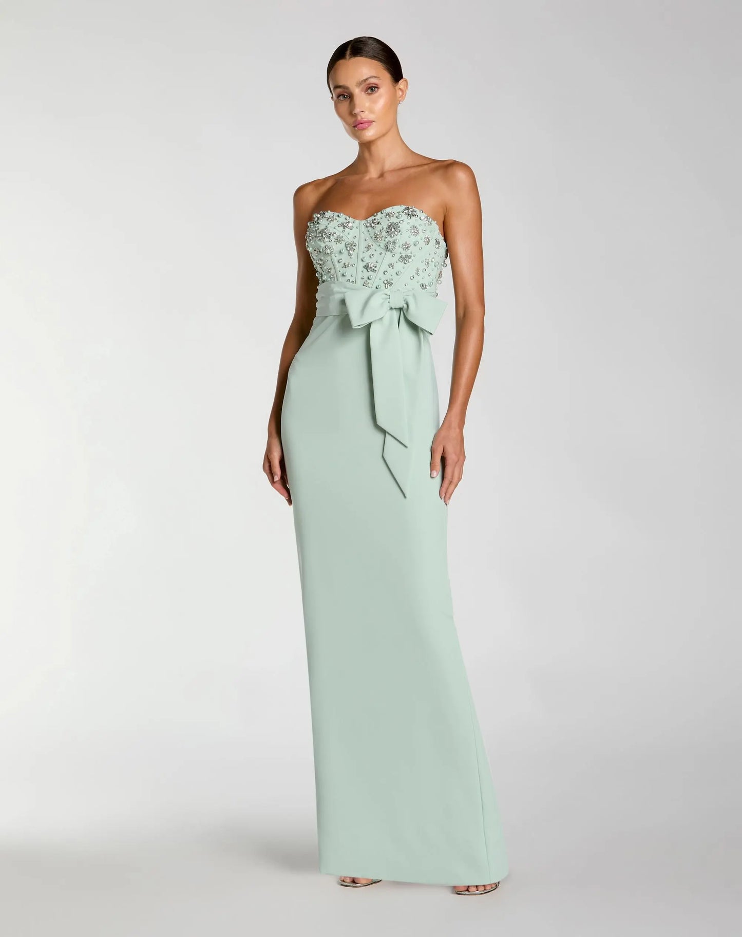 Green Strapless Embellished Bustier Gown with Bow - Ieena for Mac Duggal 