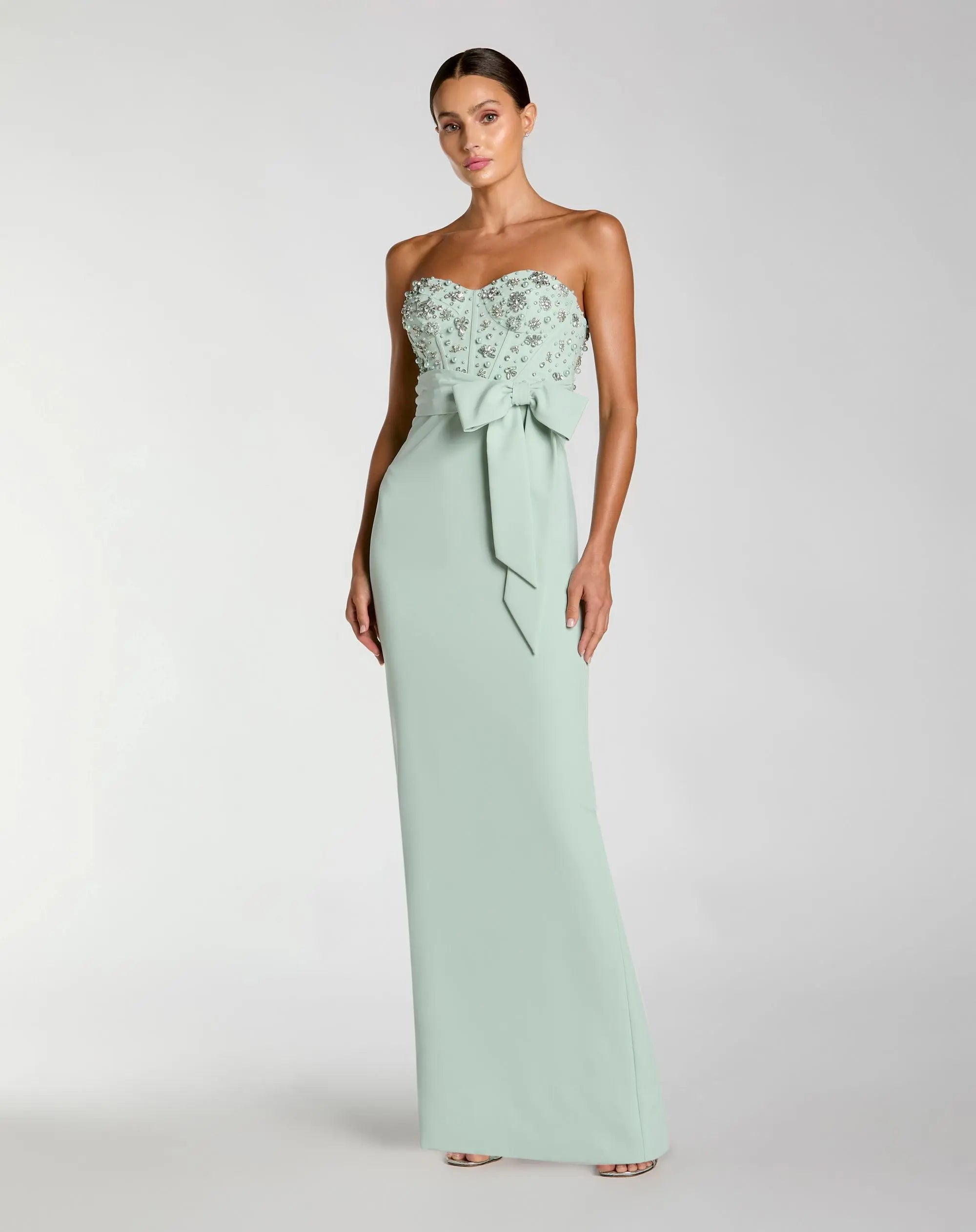 Green Strapless Embellished Bustier Gown with Bow - Ieena for Mac Duggal 