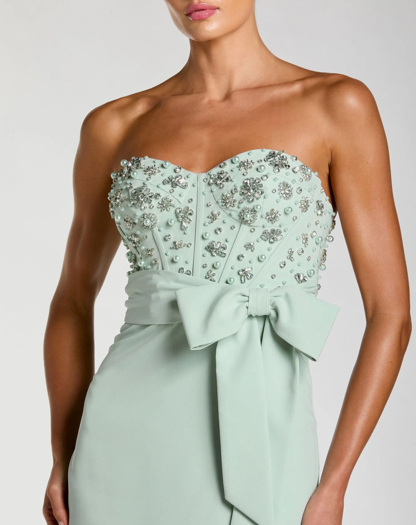 Green Strapless Embellished Bustier Gown with Bow - Ieena for Mac Duggal 