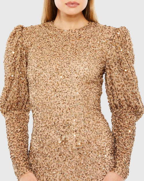 Long Sleeve Sequin Puff Sleeve Full Length Gown