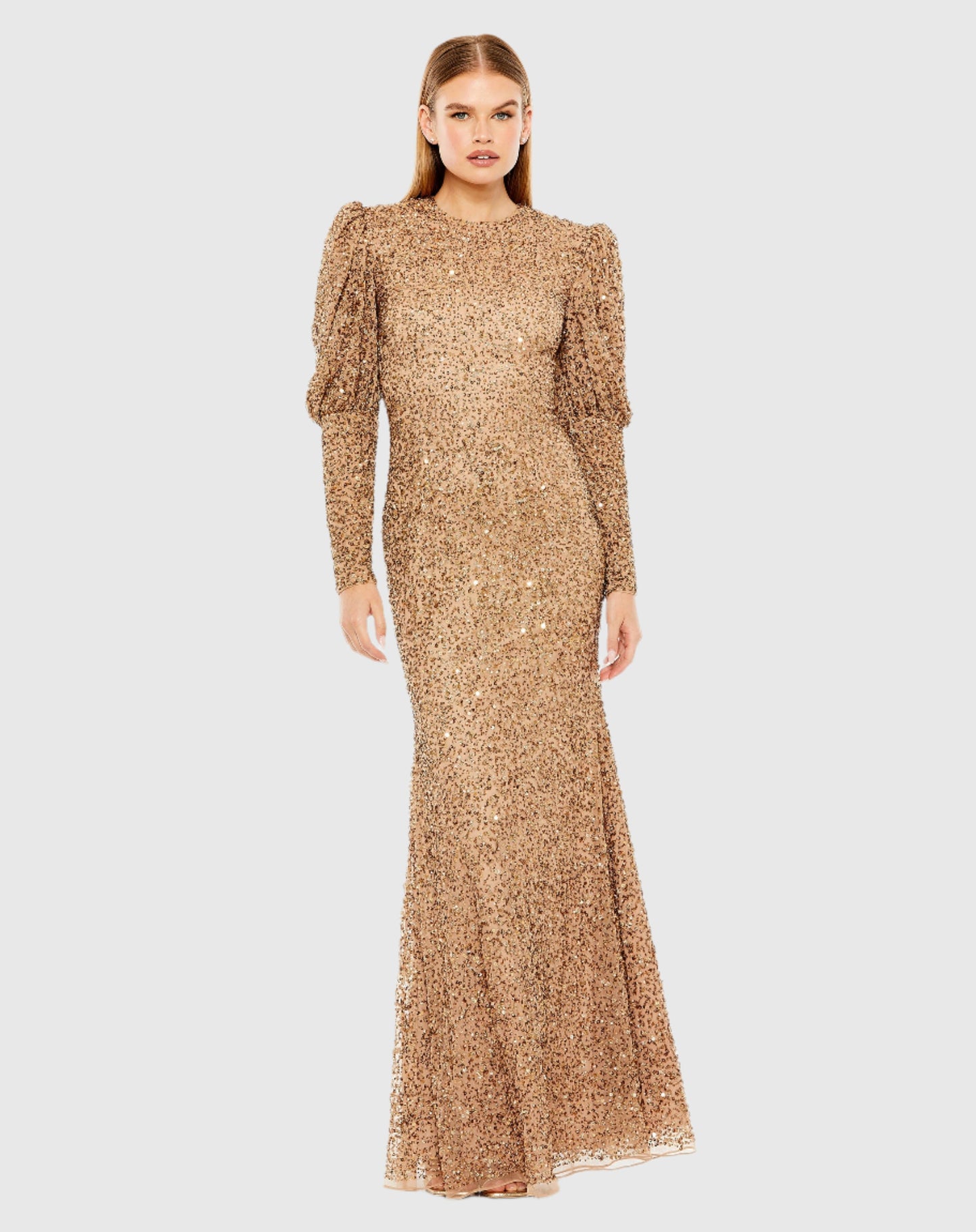 Long Sleeve Sequin Puff Sleeve Full Length Gown