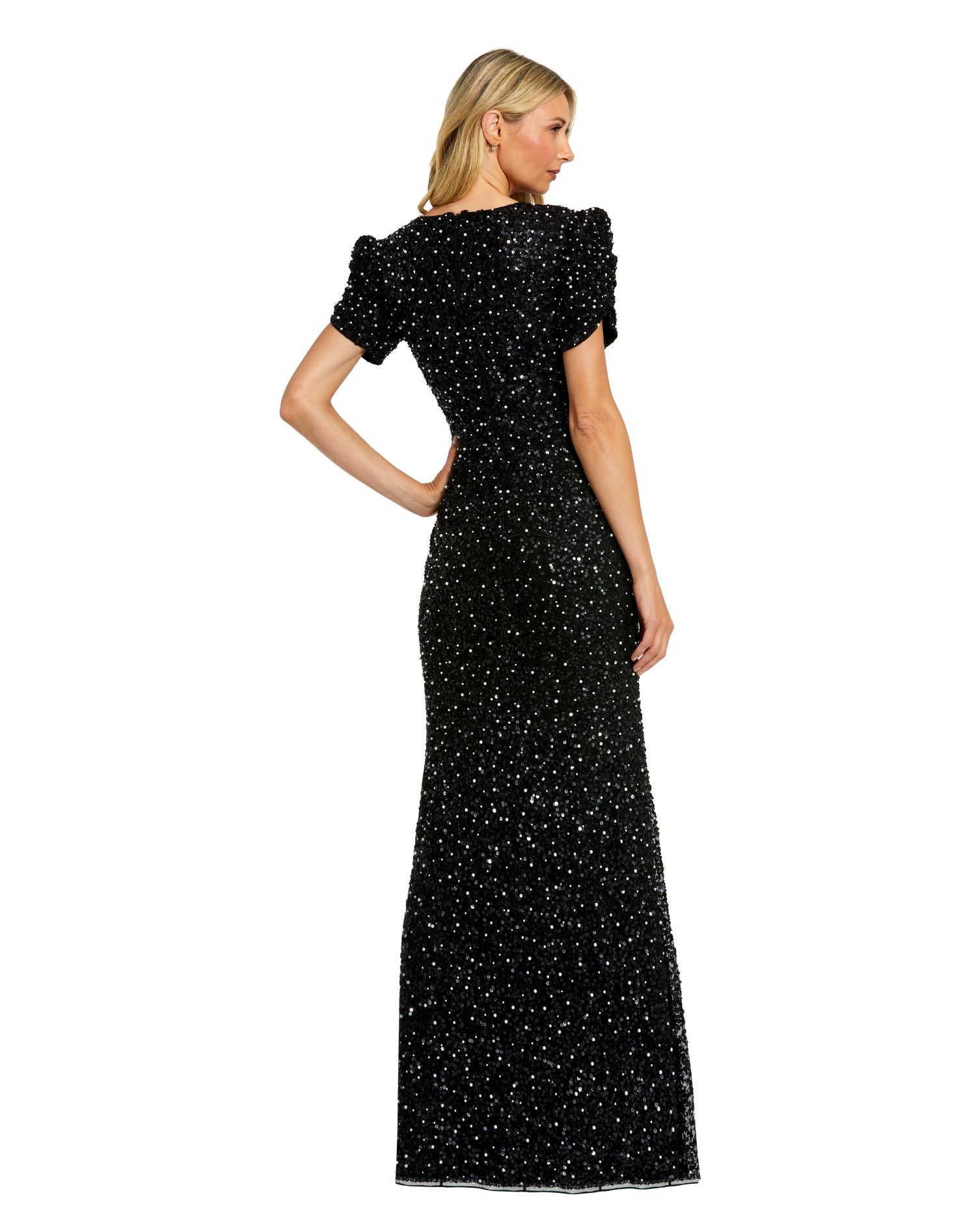 Gathered Short Sleeve Beaded Gown