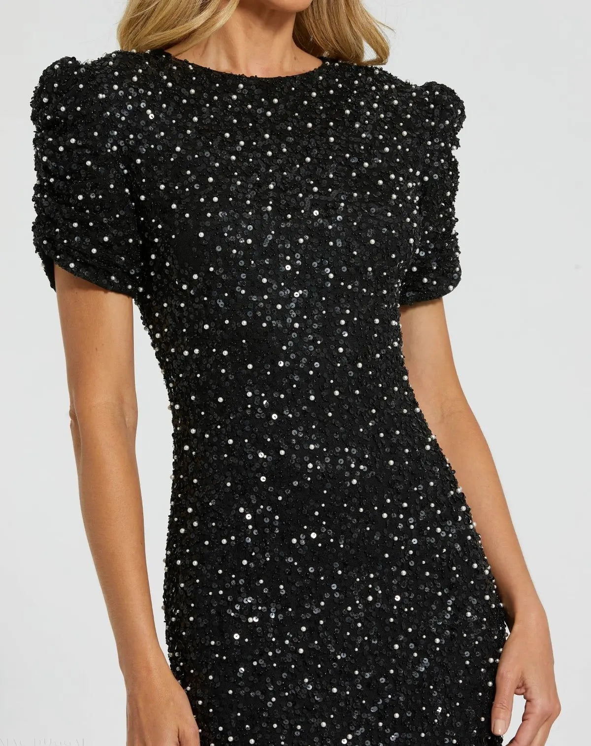 Black Gathered Short Sleeve Beaded Gown - Mac Duggal