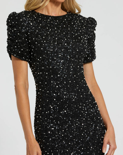 Black Gathered Short Sleeve Beaded Gown