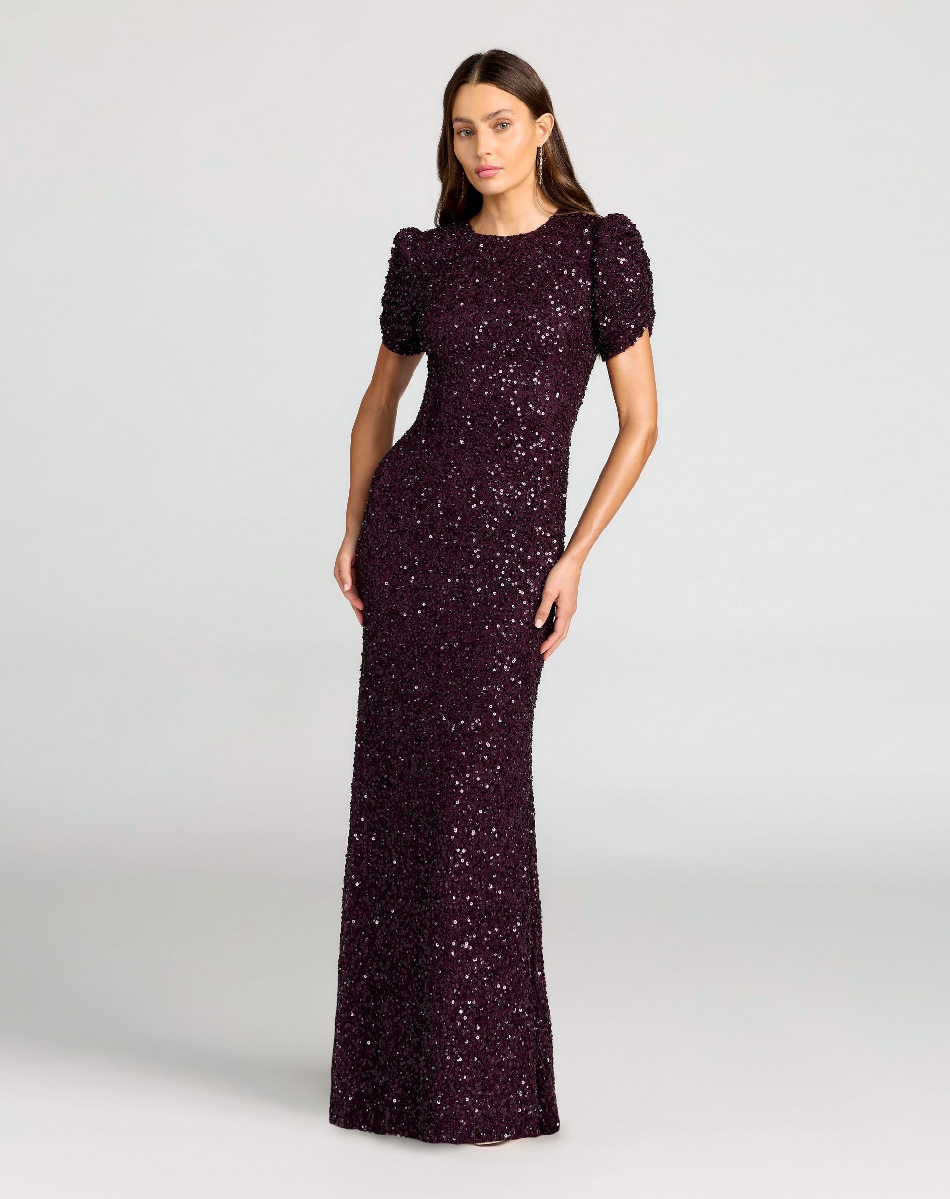 Dark Purple Gathered Short Sleeve Embellished Gown - Mac Duggal