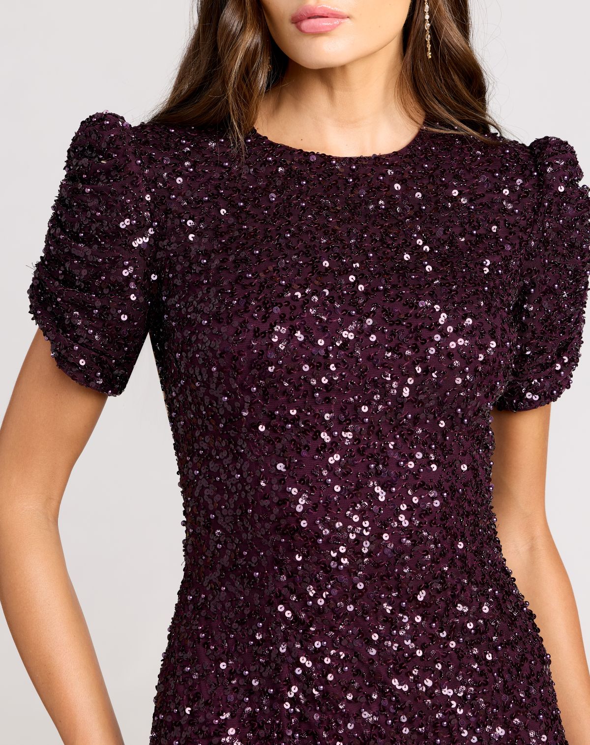 Dark Purple Gathered Short Sleeve Embellished Gown - Mac Duggal