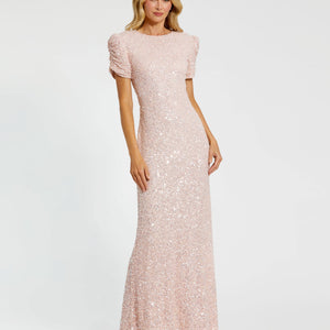 Gathered Short Sleeve Beaded Gown