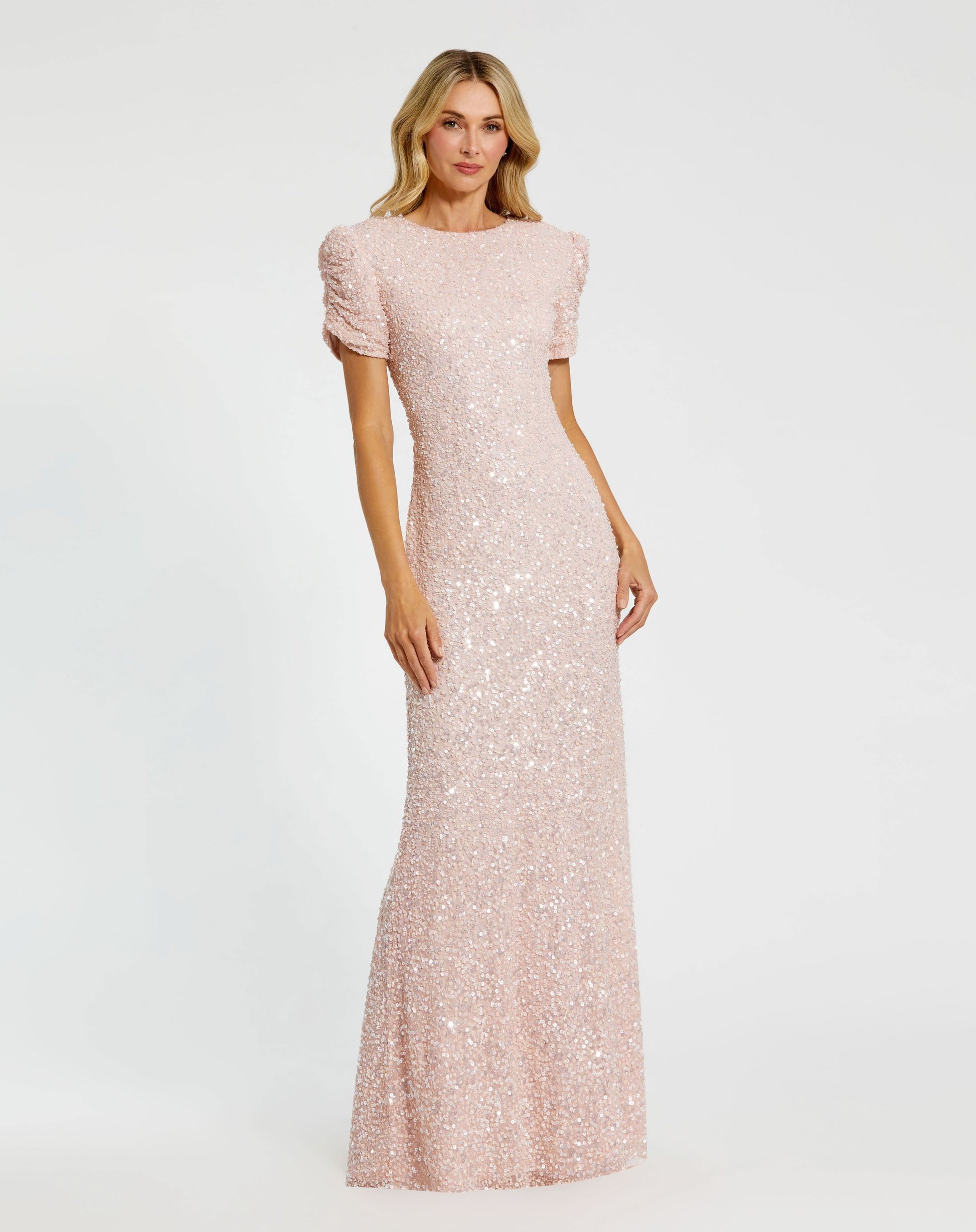 Gathered Short Sleeve Beaded Gown