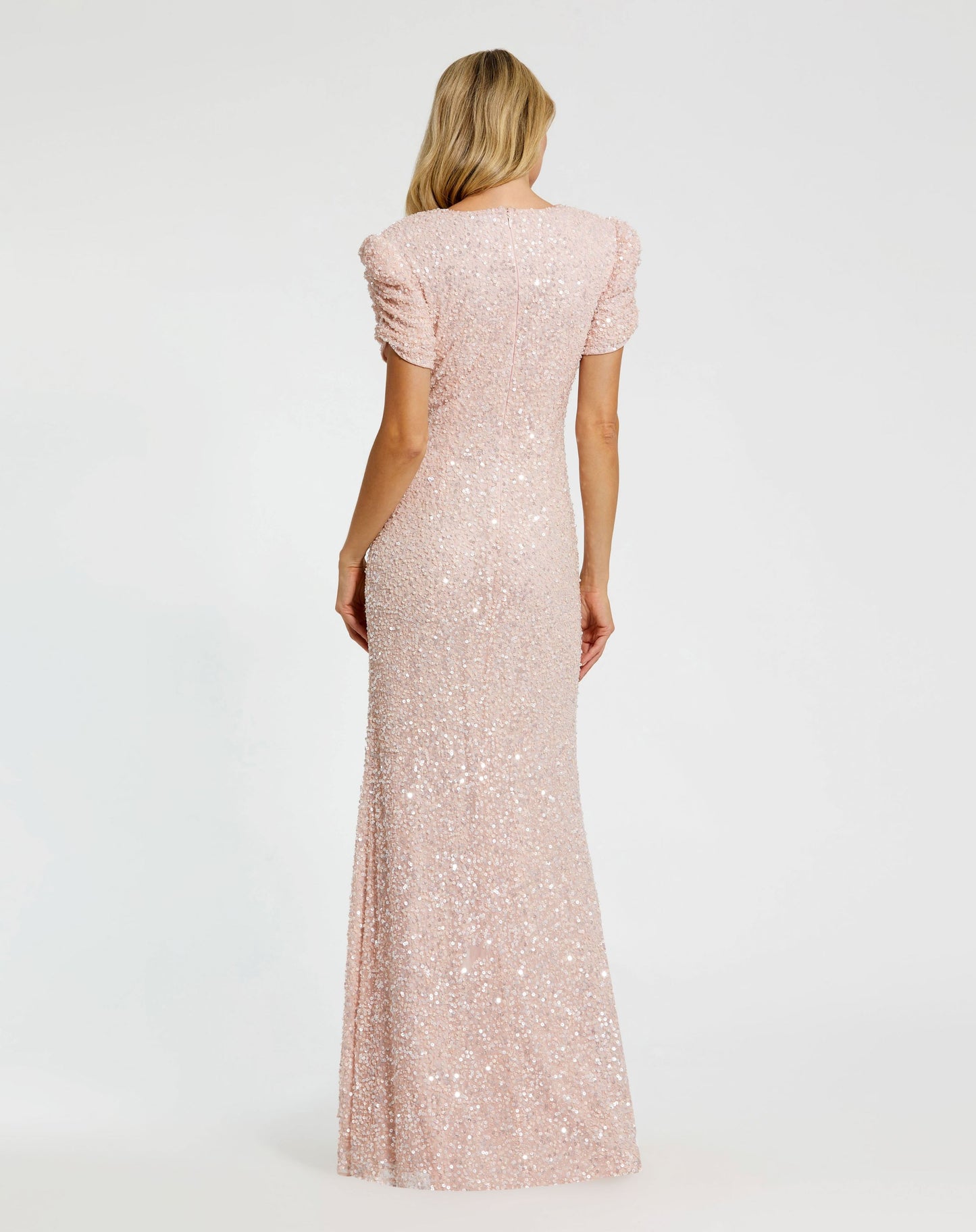 Gathered Short Sleeve Beaded Gown