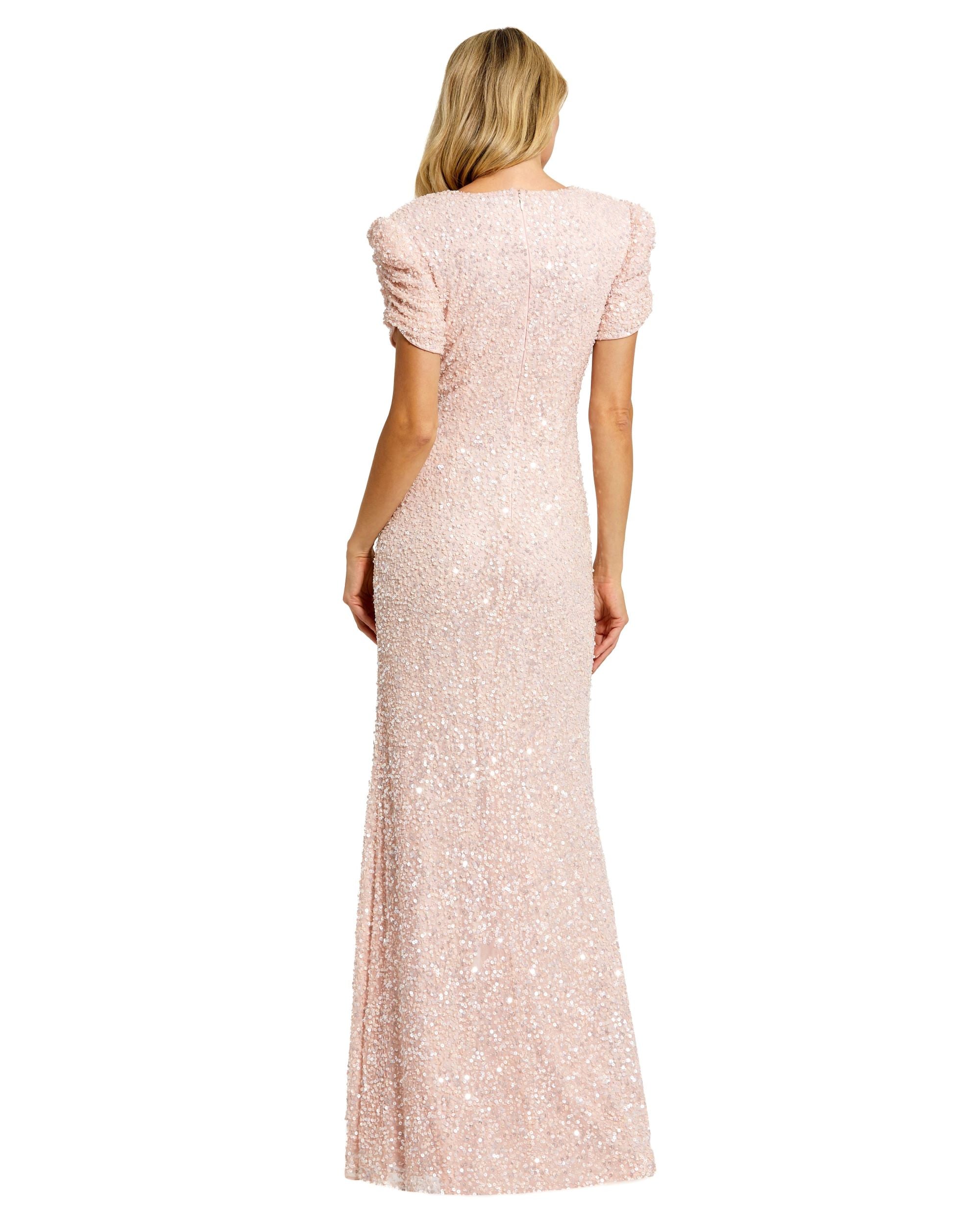 Gathered Short Sleeve Beaded Gown