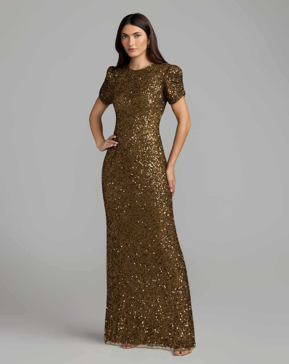 Brown Gathered Short Sleeve Embellished Gown Mac Duggal