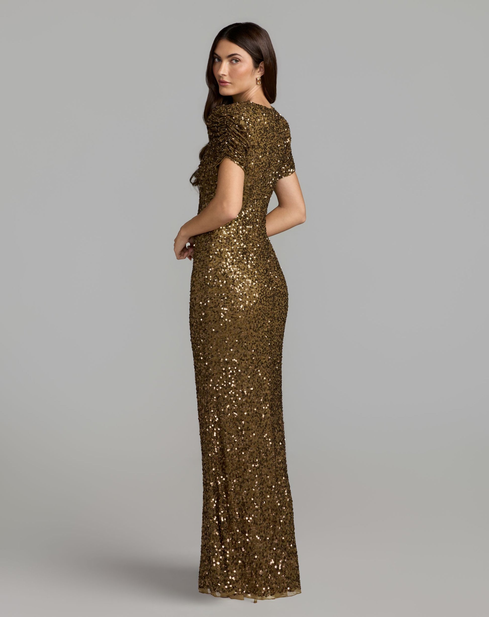 Brown Gathered Short Sleeve Embellished Gown Mac Duggal