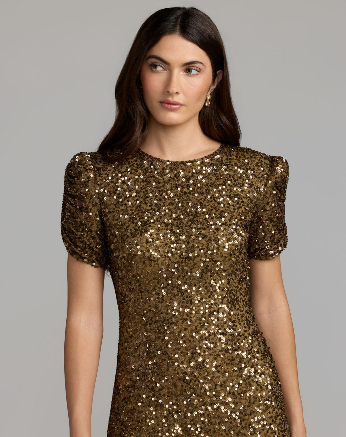 Brown Gathered Short Sleeve Embellished Gown Mac Duggal