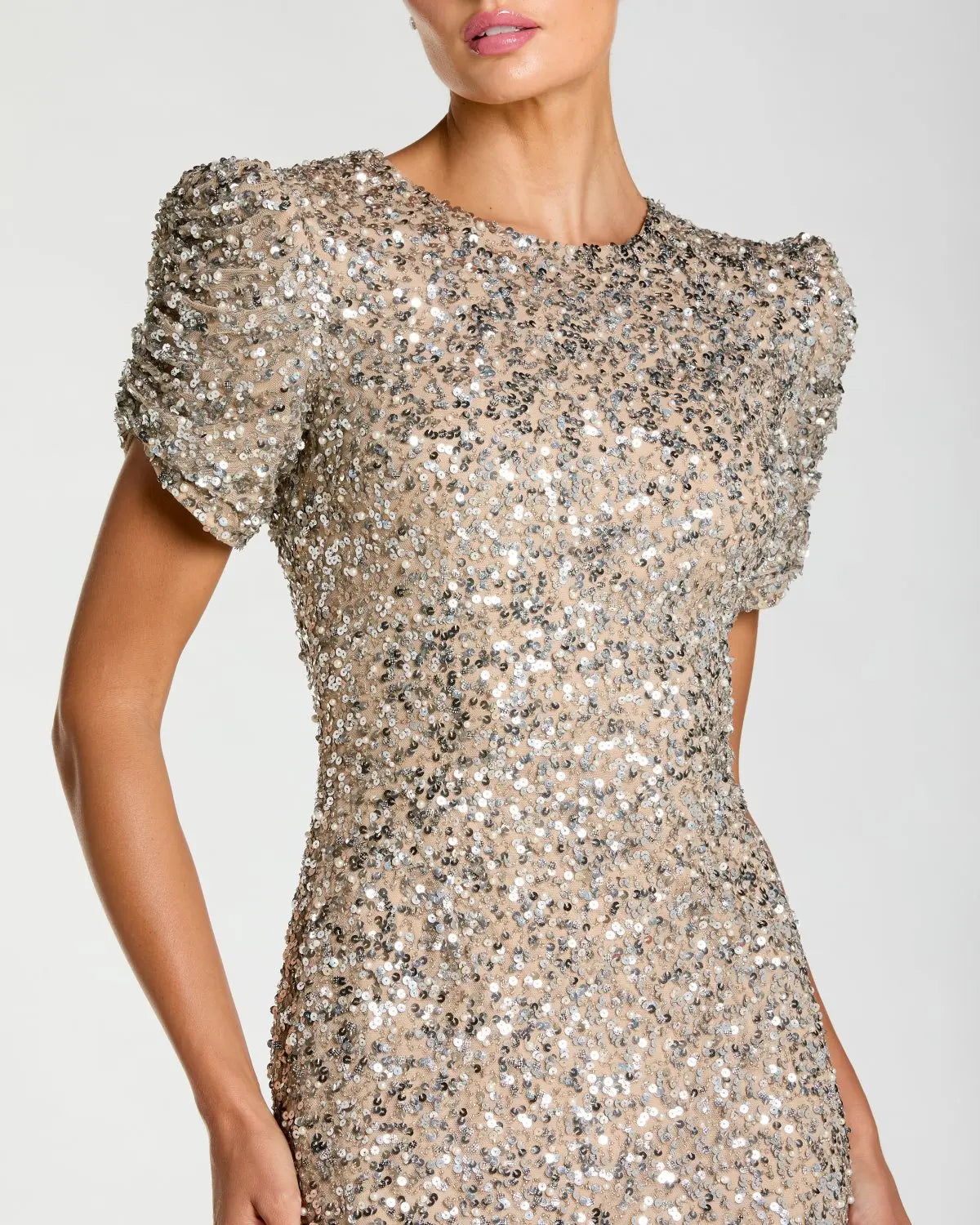 Beige Sequin Trumpet Gown with Puff Sleeves Mac Duggal