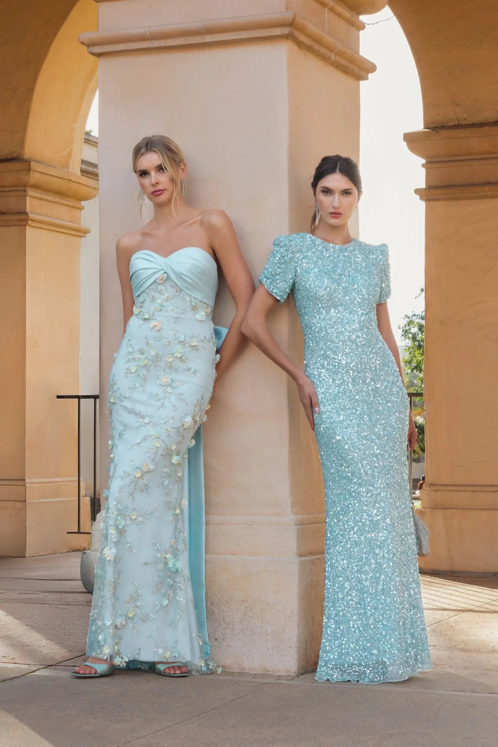 Blue Gathered Short Sleeve Embellished Gown
